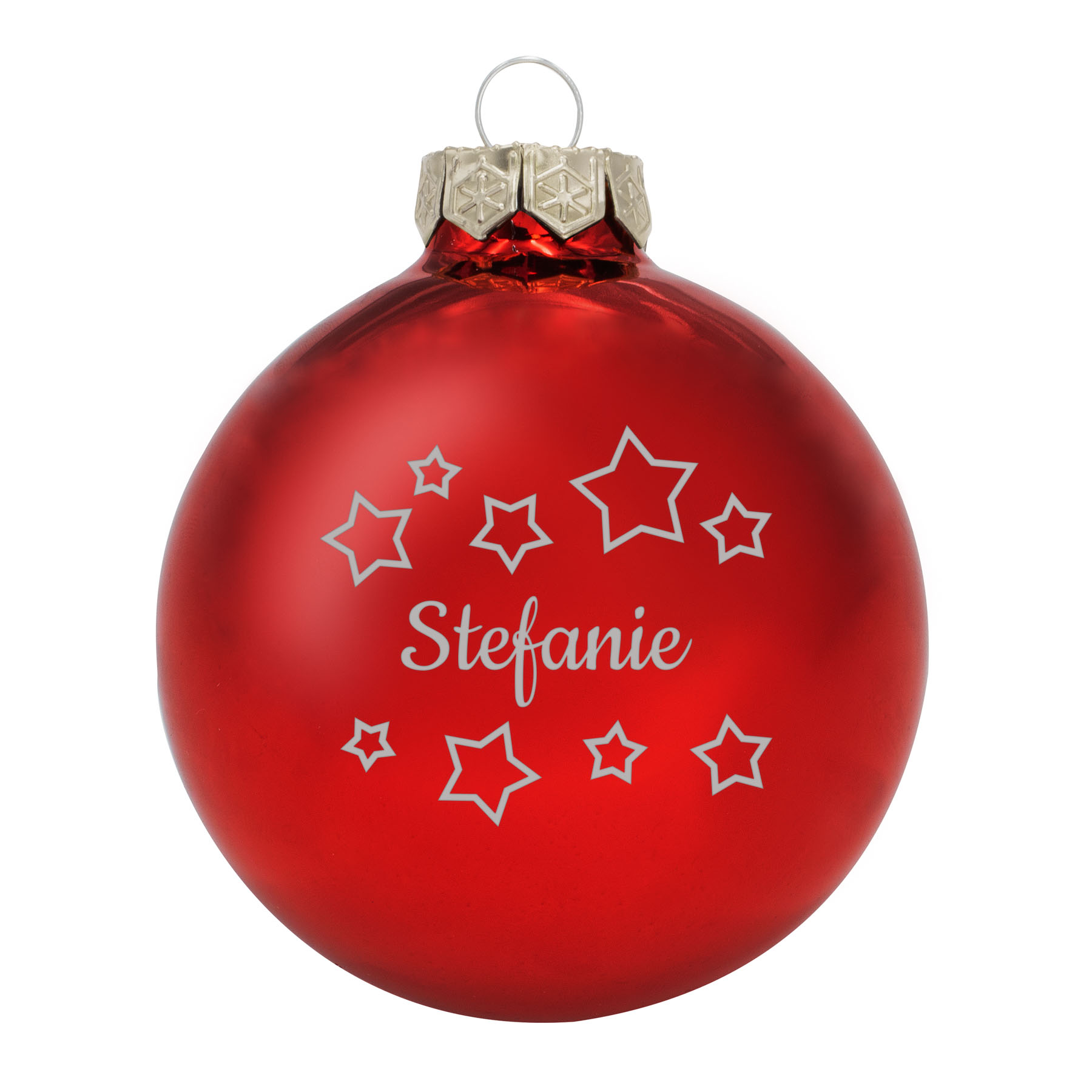 Produktbild von Weihnachtsbaumkugel aus Glas in 10cm, inklusive Wunschtextgravur & Sternen