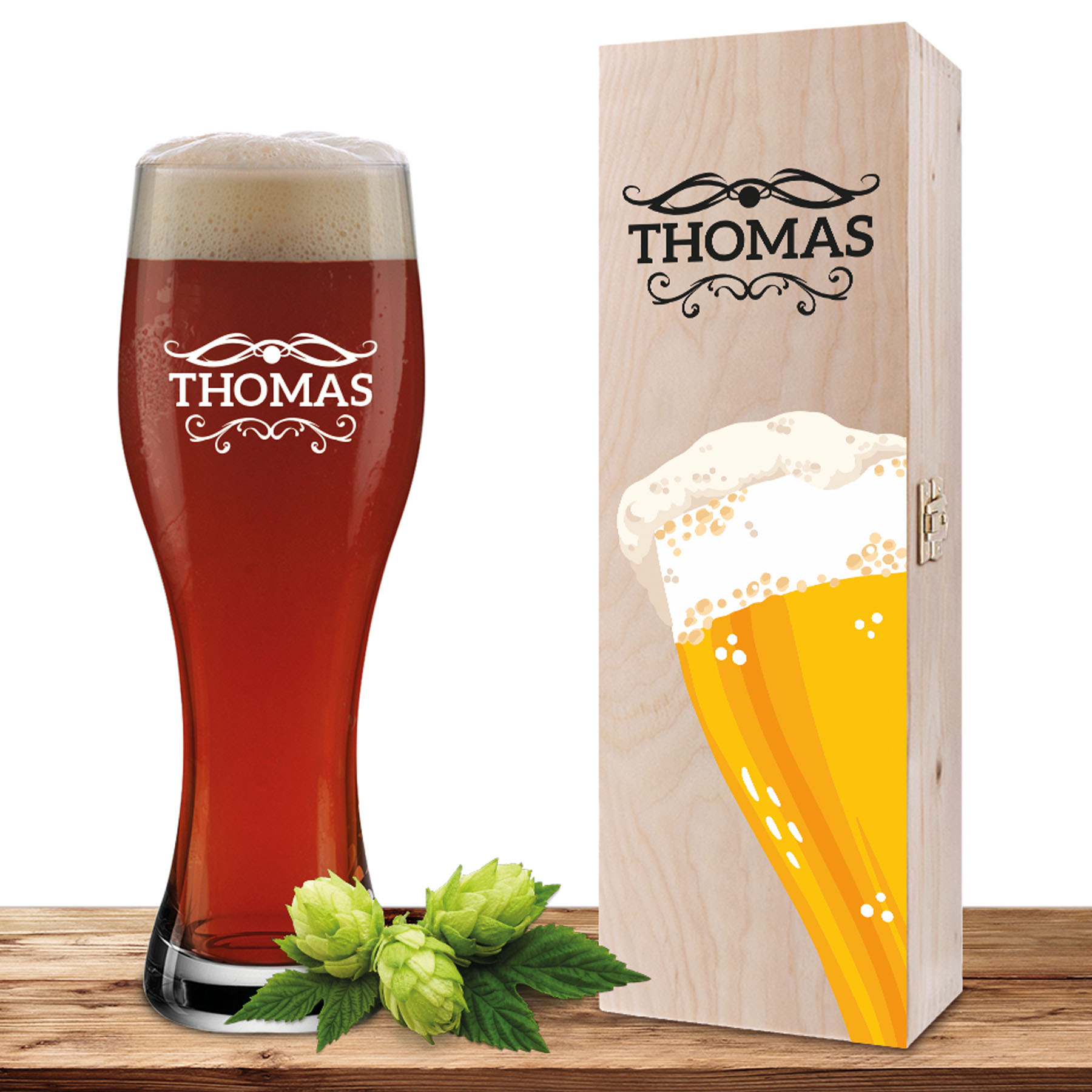 Produktbild von Personalisiertes Weizenglas-Holzkiste-Set mit Gravur und Bedruckung "Bier"