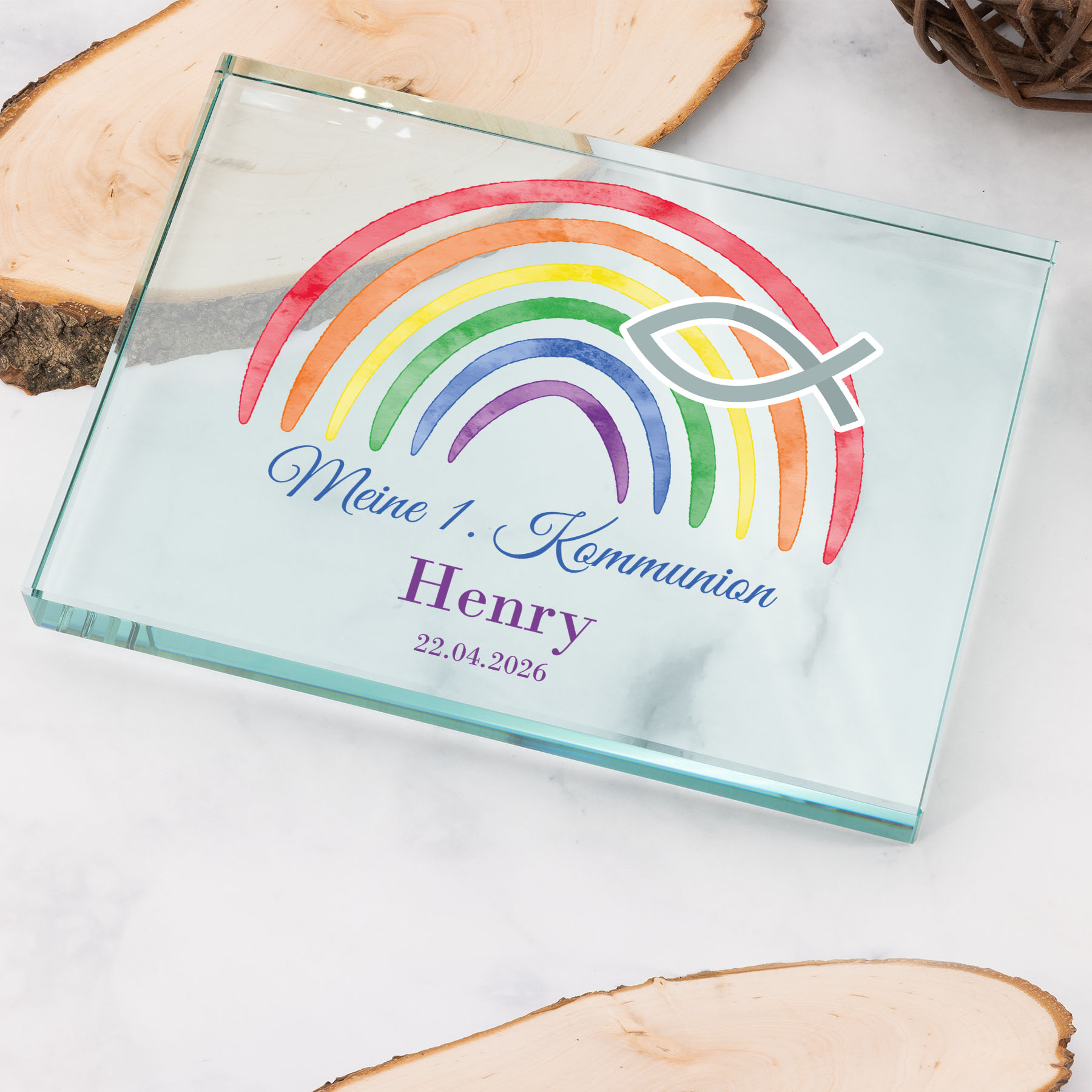 Produktbild von Glastrophäe „Kommunion mit Regenbogen“