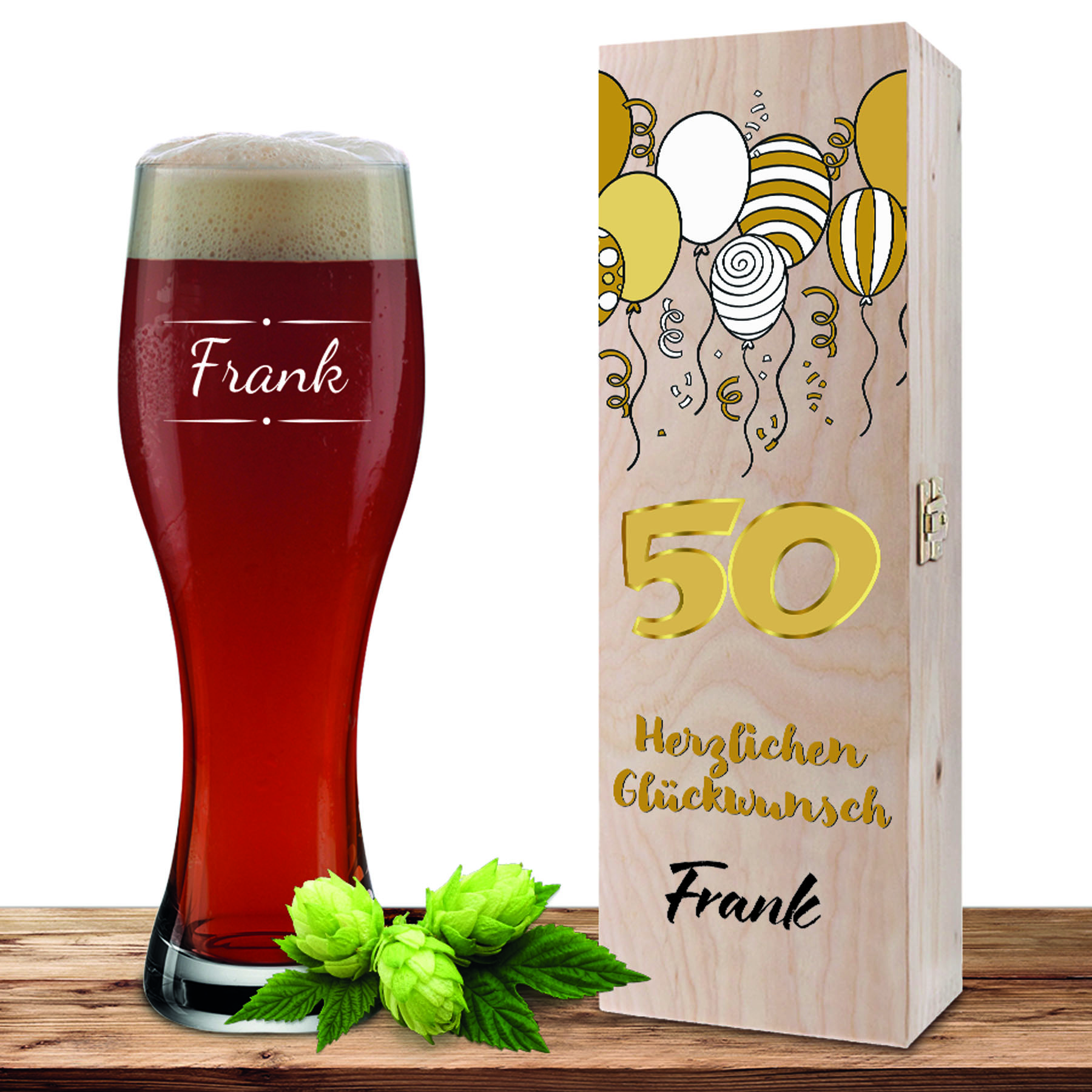 Produktbild von Personalisiertes Weizenglas-Holzkiste-Set mit Gravur und Bedruckung "50"