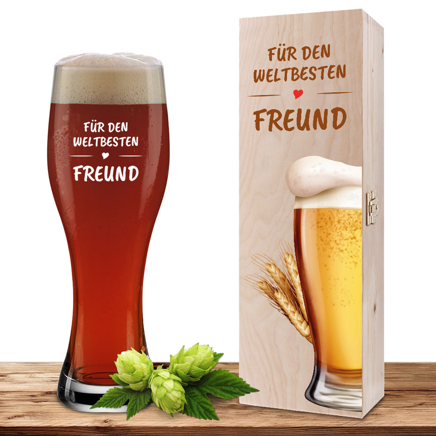 Produktbild von Weizenglas-Holzkiste-Set mit Gravur und Bedruckung "Weltbester Freund"