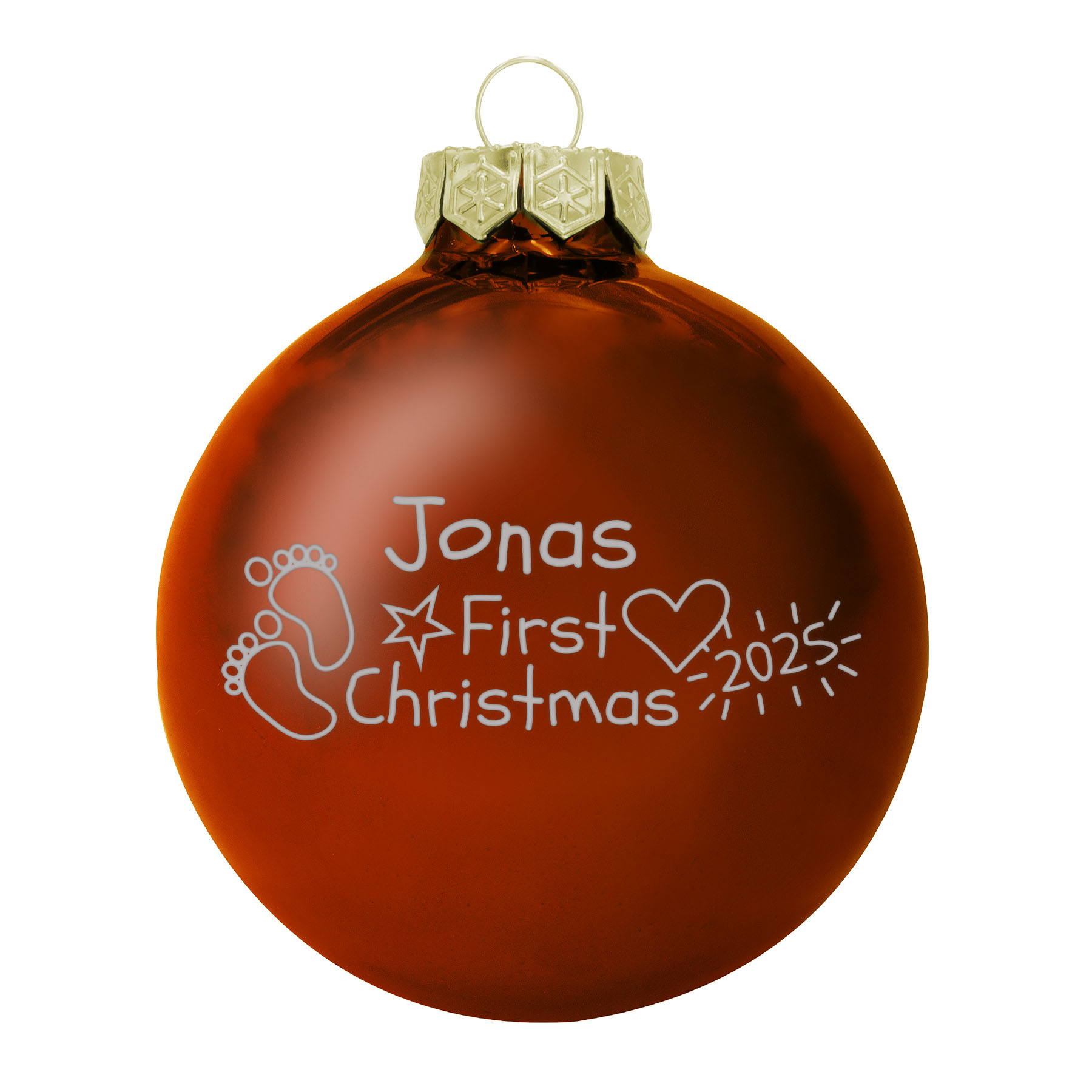 Produktbild von Weihnachtsbaumkugel aus Glas (glänzend) inklusive Wunschtextgravur & Baby`s First Christmas