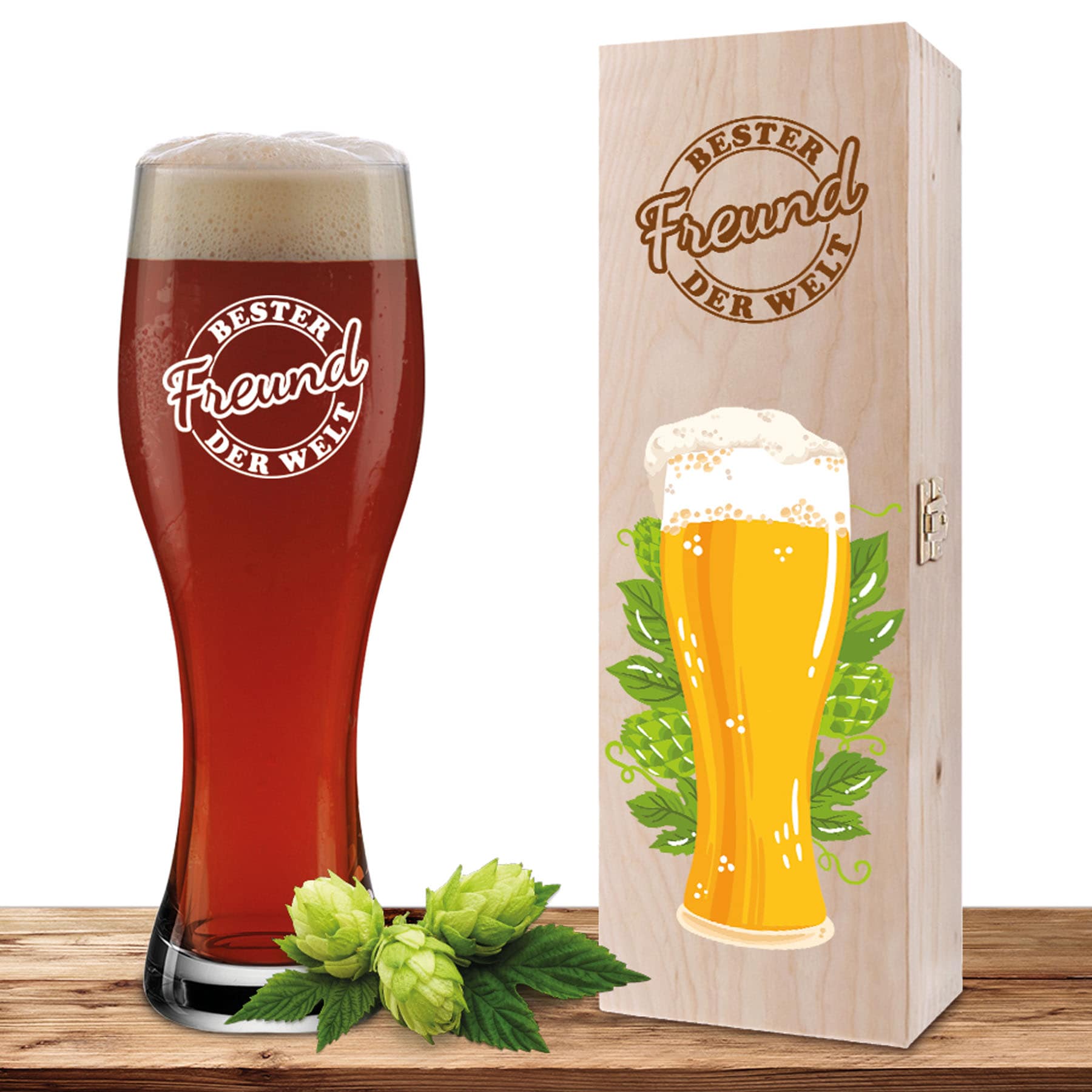 Produktbild von Weizenglas-Holzkiste-Set mit Gravur und Bedruckung "Siegel Freund mit Bier"