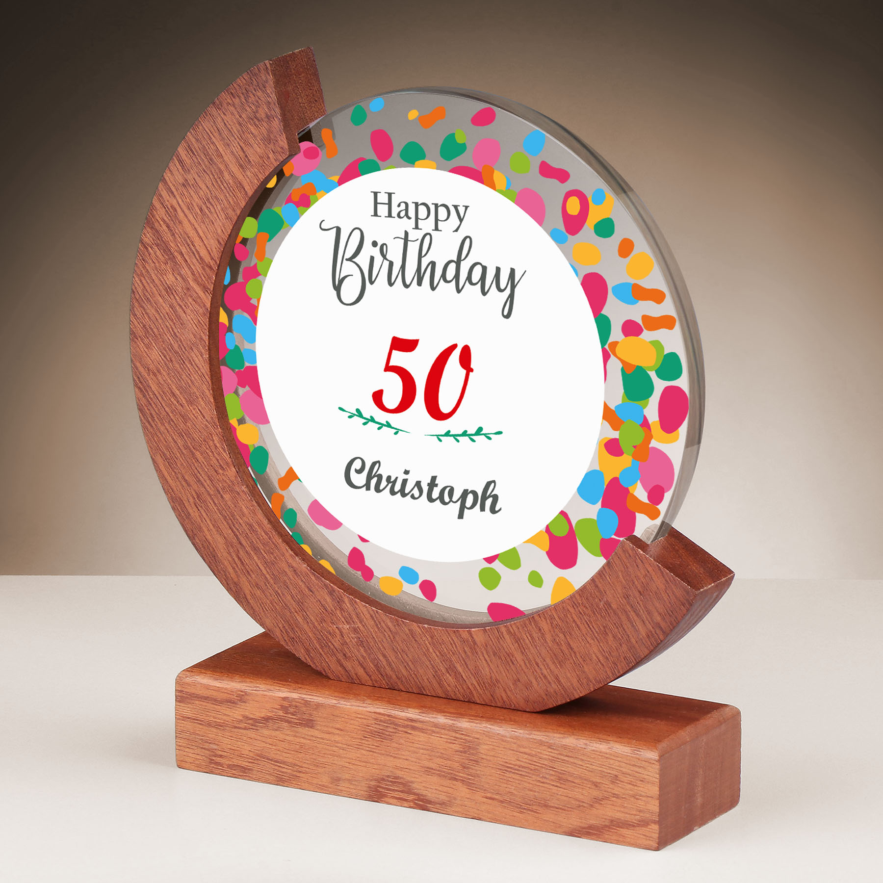 Produktbild von Glastrophäe „Happy Birthday“ (Mahagoni)