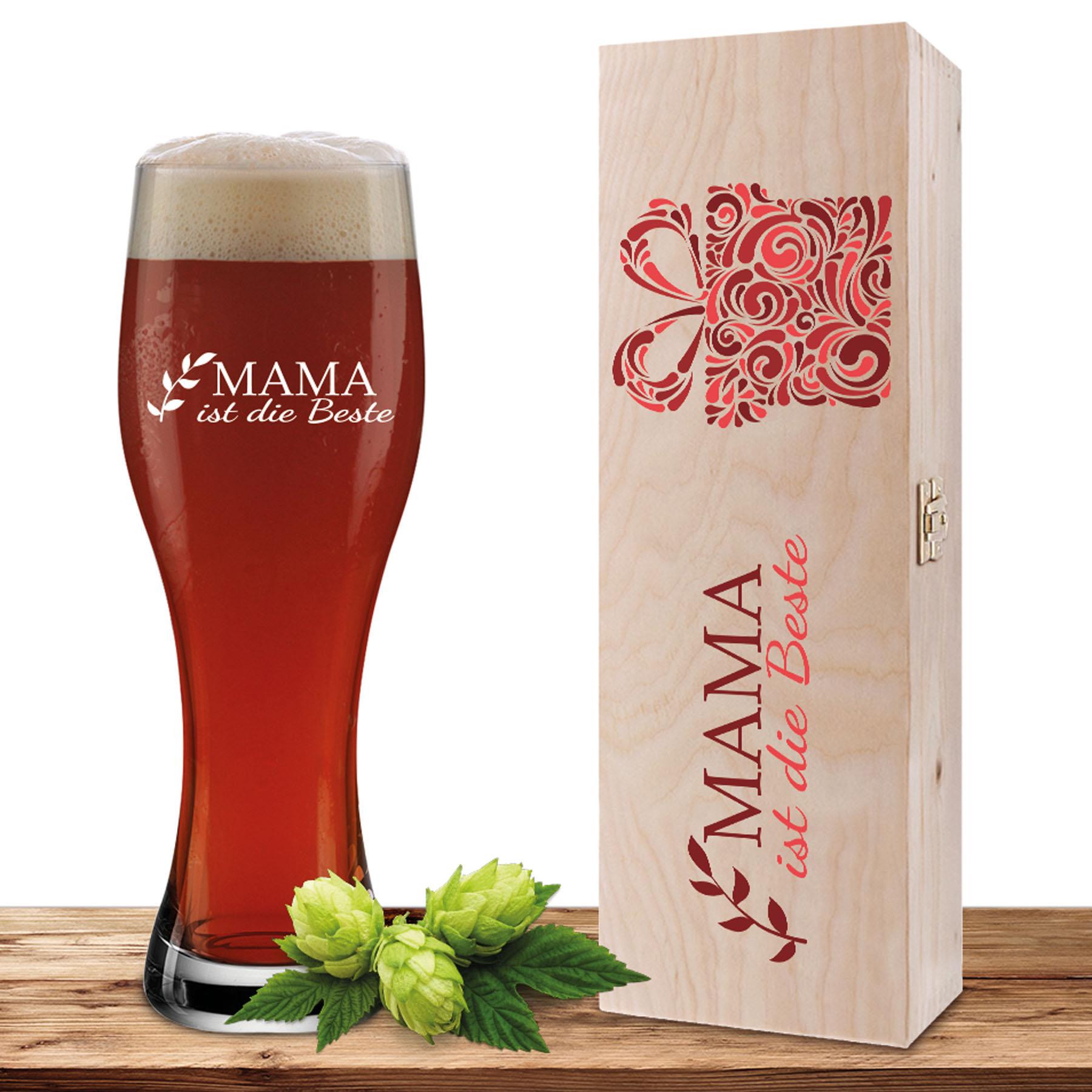 Produktbild von Weizenglas-Holzkiste-Set mit Gravur und Bedruckung "Beste Mama"