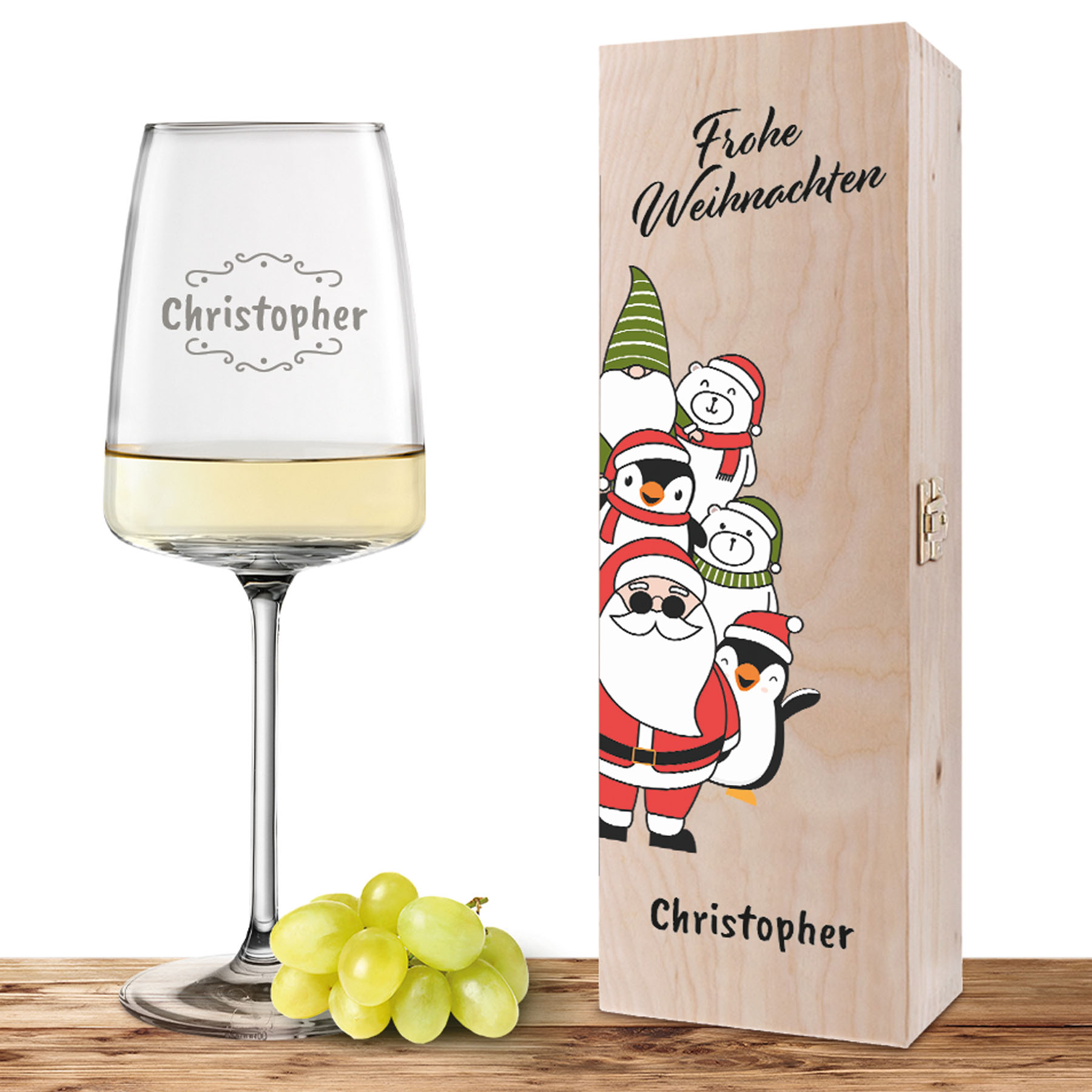Produktbild von Personalisiertes Weinglas-Holzkiste-Set mit Gravur und Bedruckung "Santa"