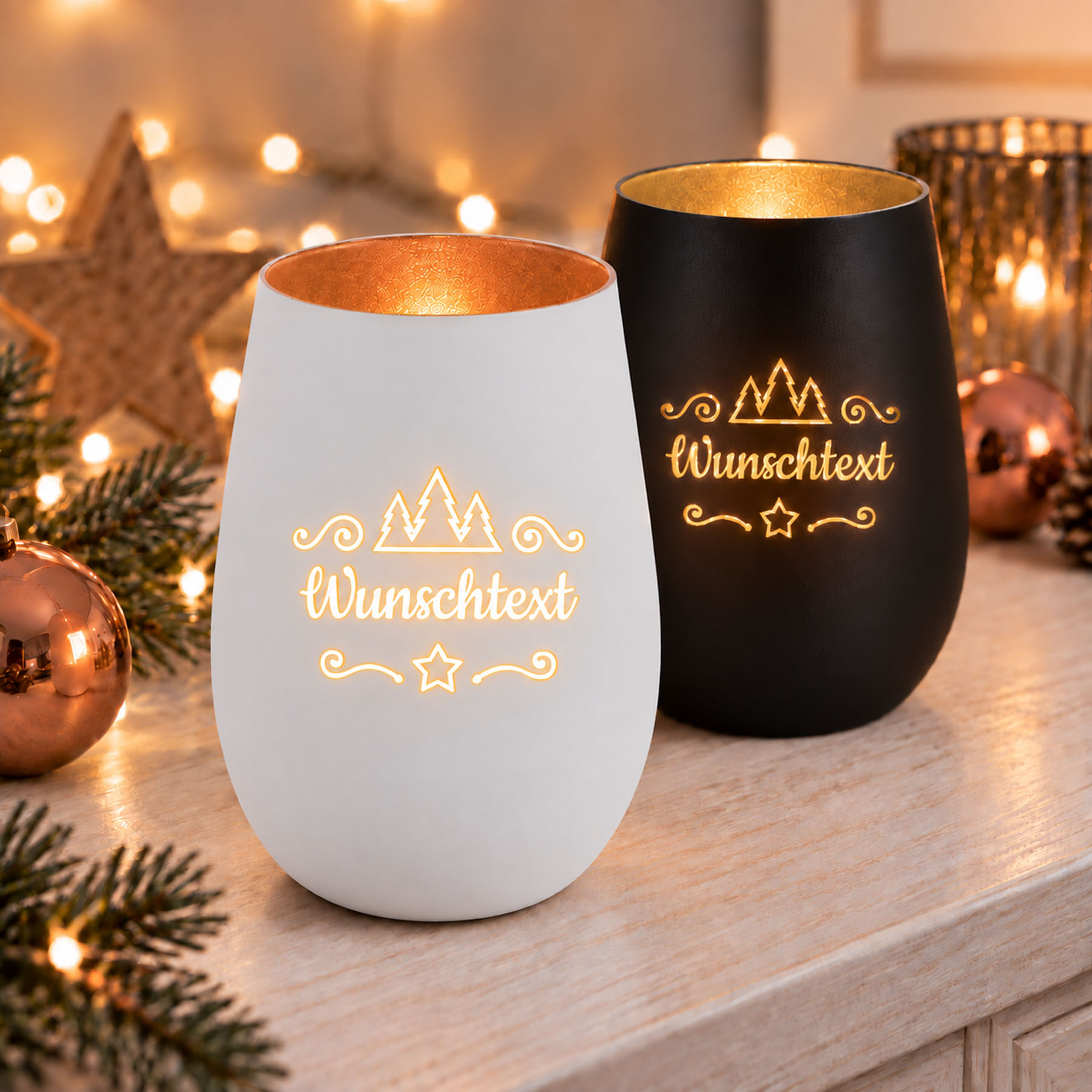 Produktbild von Personalisiertes Windlichtglas mit Tannenmotiv und individueller Gravur