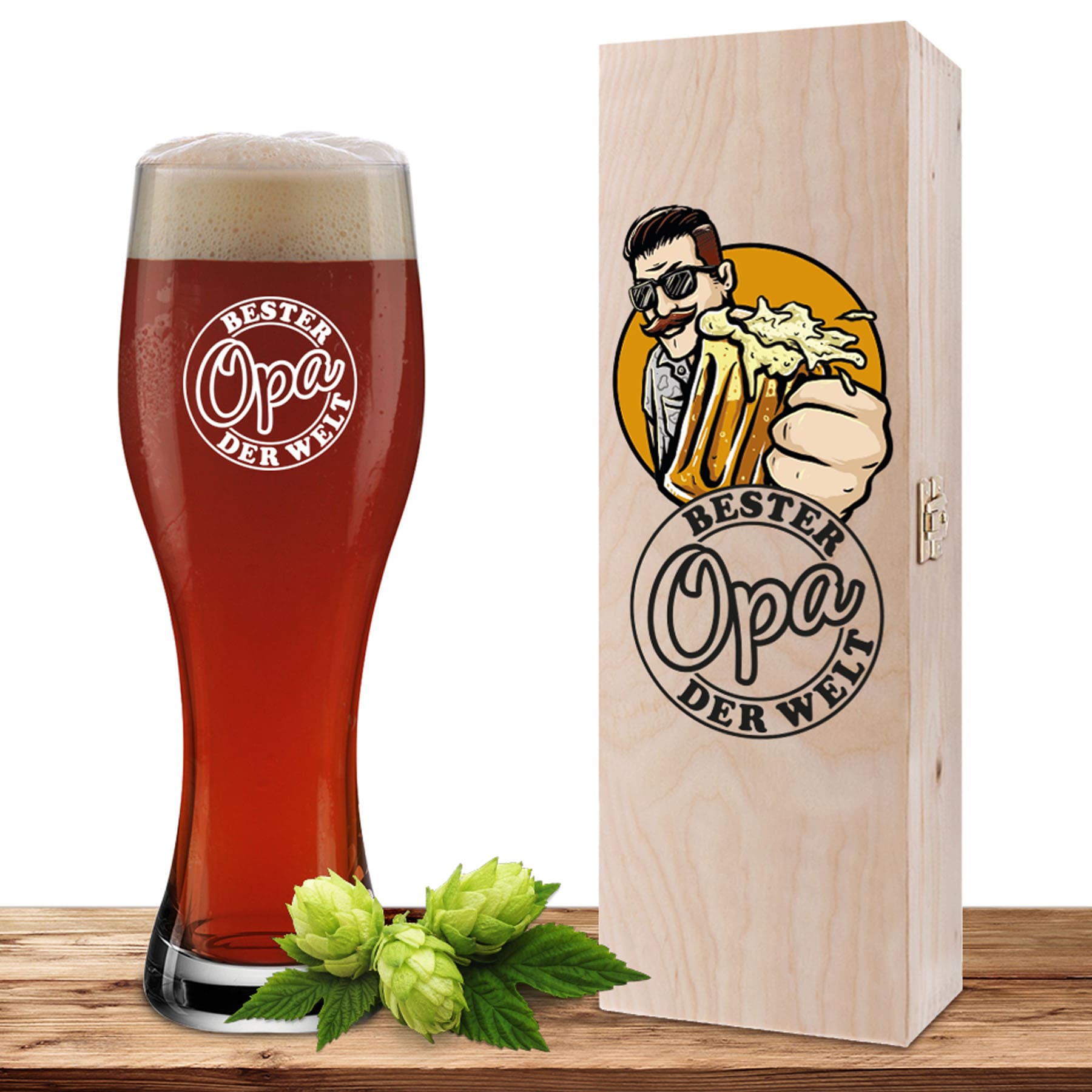 Produktbild von Weizenglas-Holzkiste-Set mit Gravur und Bedruckung "Siegel Opa"