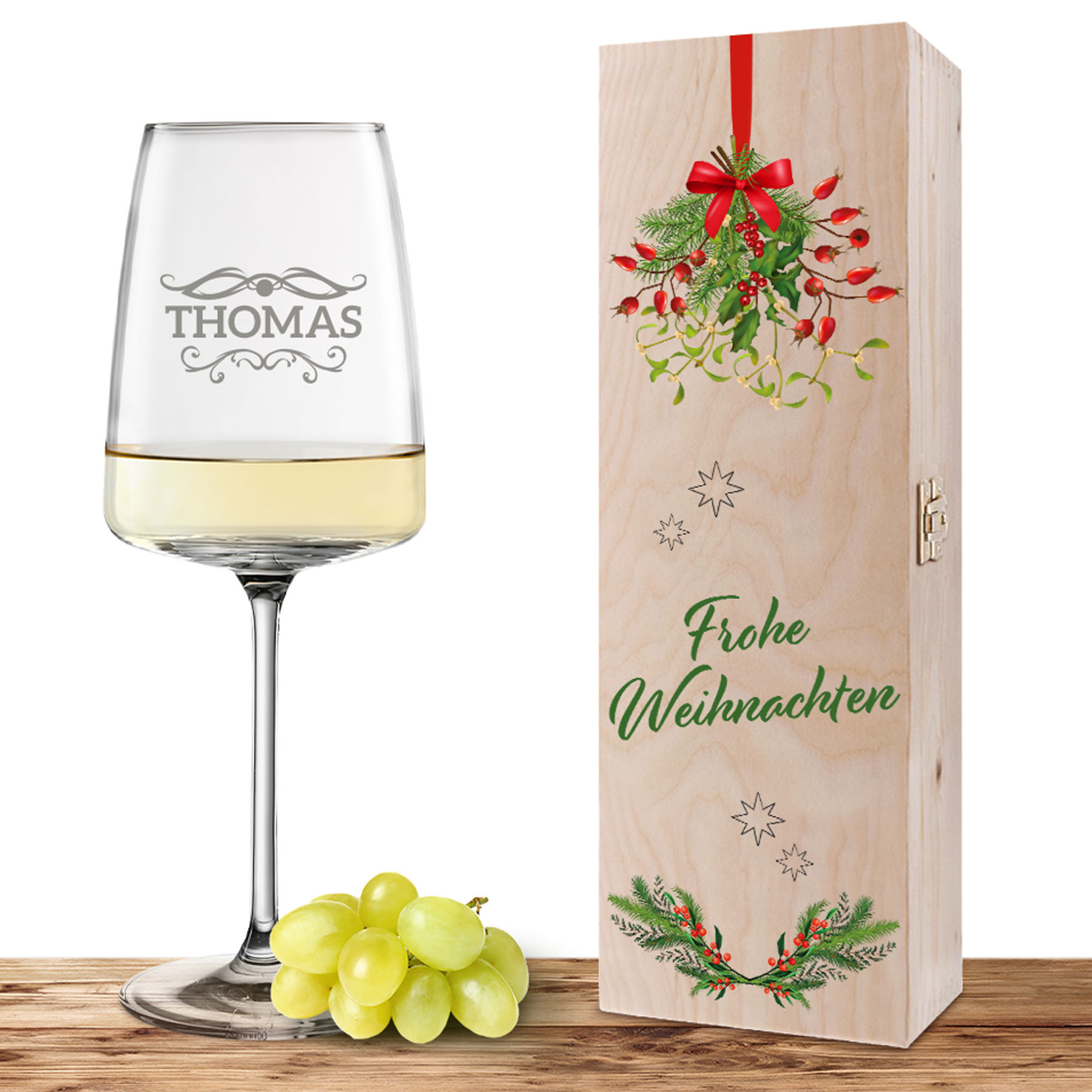 Produktbild von Personalisiertes Weinglas-Holzkiste-Set mit Gravur und Bedruckung "Frohe Weihnachten" Barock