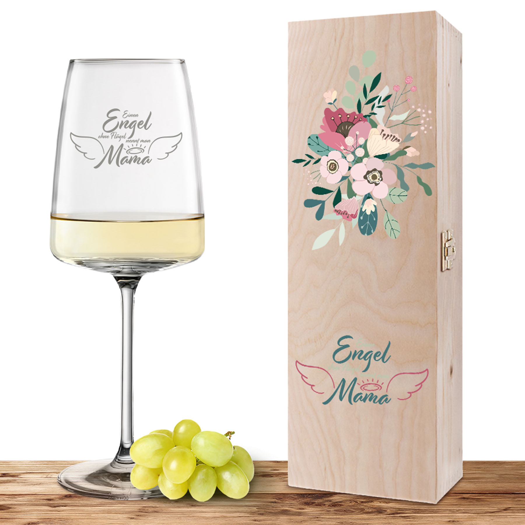 Produktbild von Weinglas-Holzkisten-Set VIVID SENSES 535ml mit Gravur und Bedruckung "Engel Mama"