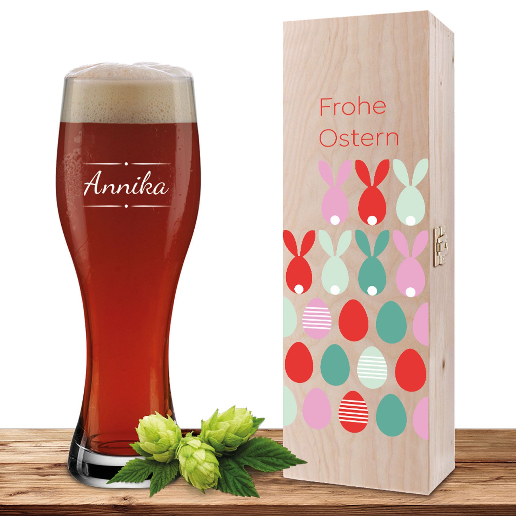 Produktbild von Personalisiertes Weizenglas-Holzkiste-Set mit Gravur und Bedruckung "Ostereier Verzierung 03"