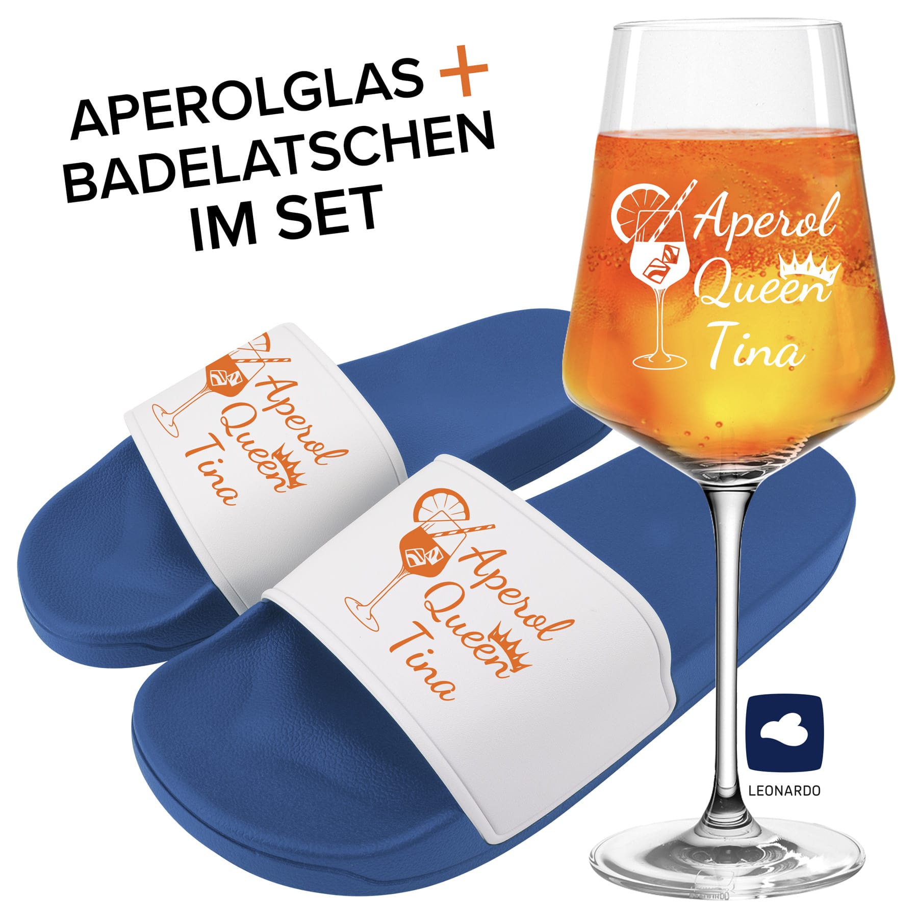 Produktbild von Badelatschen und Leonardo Aperolglas PUCCINI 560ml "Aperol Queen" mit Namen oder Wunschtext
