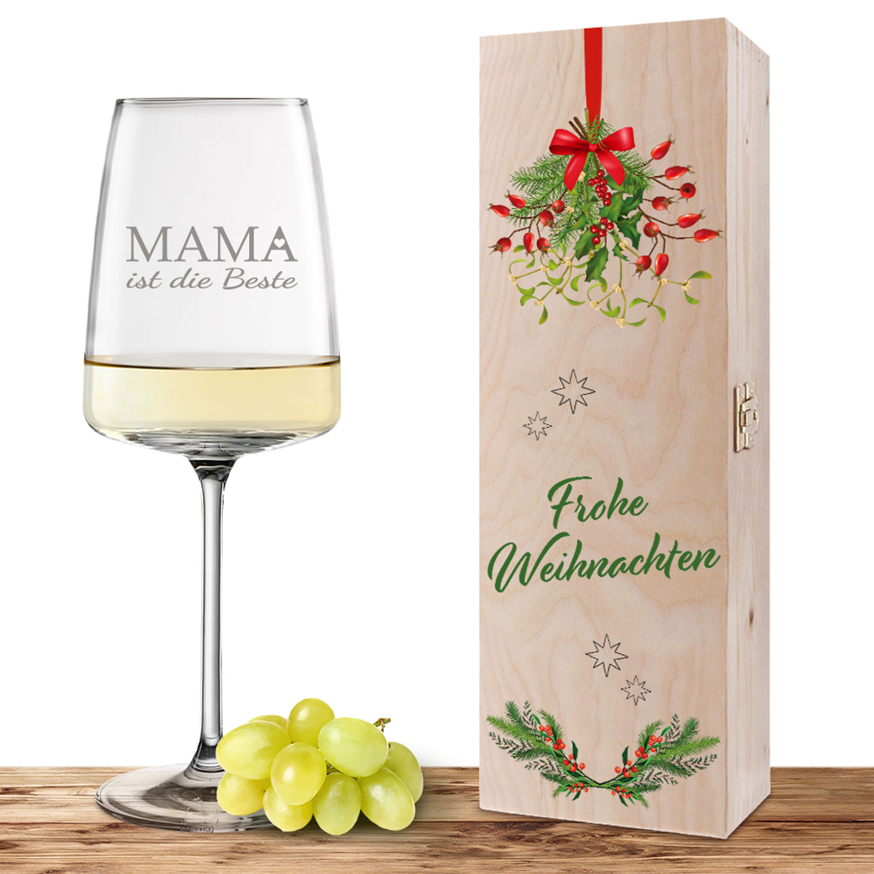 Produktbild von Weinglas-Holzkisten-Set VIVID SENSES 535ml mit Gravur und Bedruckung "Frohe Weihnachten Mama"