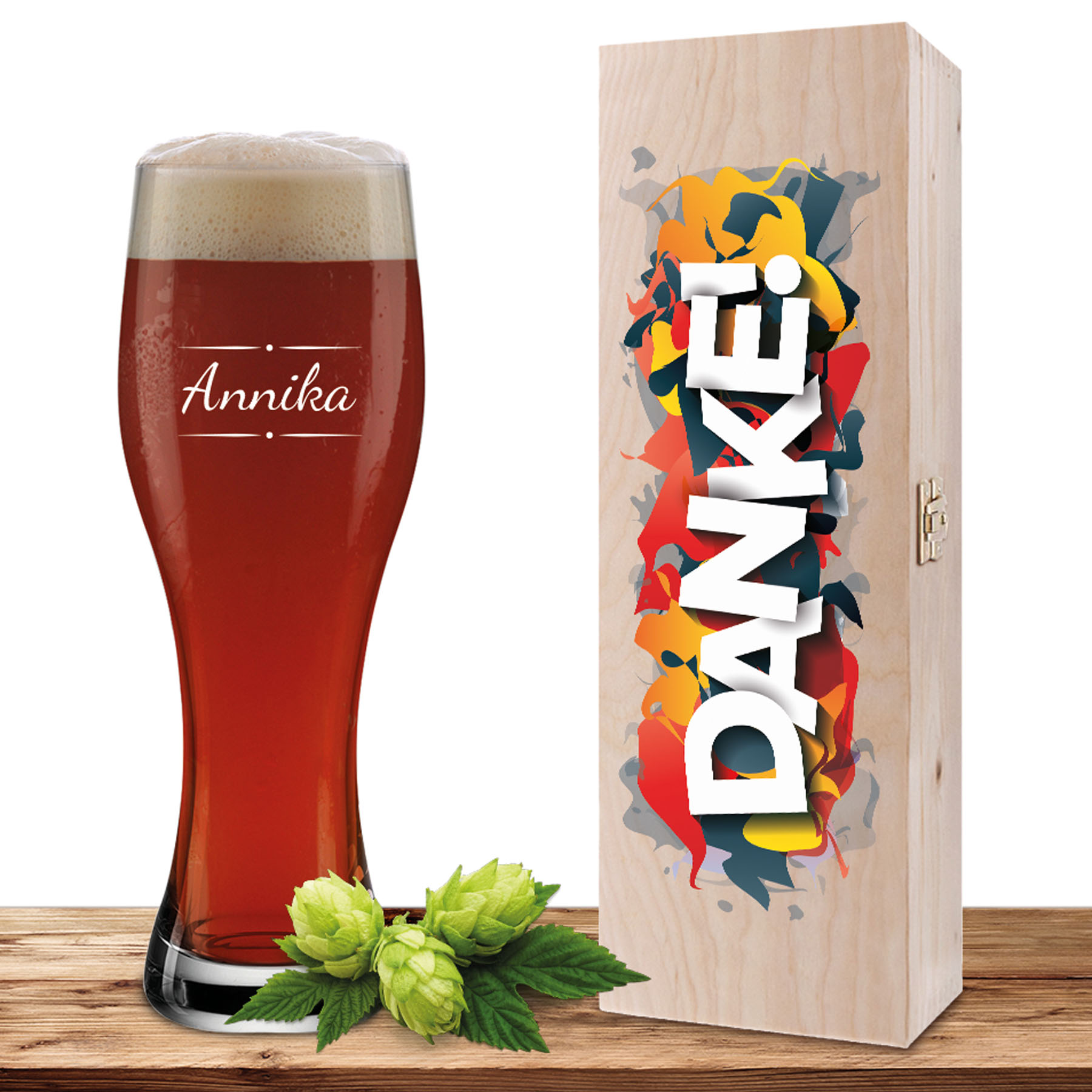 Produktbild von Personalisiertes Weizenglas-Holzkiste-Set mit Gravur und Bedruckung Danke "Verzierung 03"