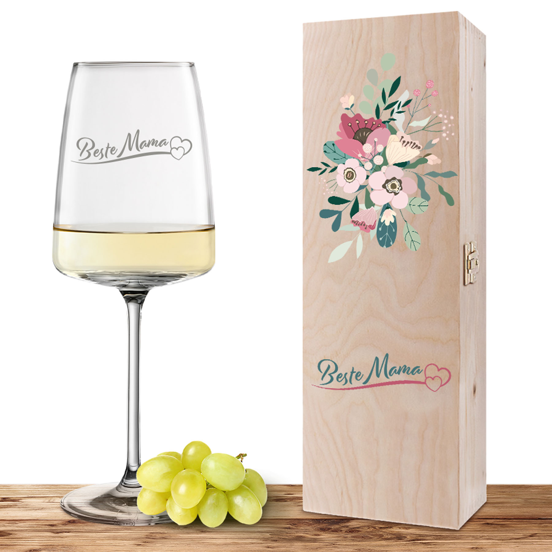 Produktbild von Weinglas-Holzkisten-Set VIVID SENSES 535ml mit Gravur und Bedruckung "Beste Mama mit Herzen"