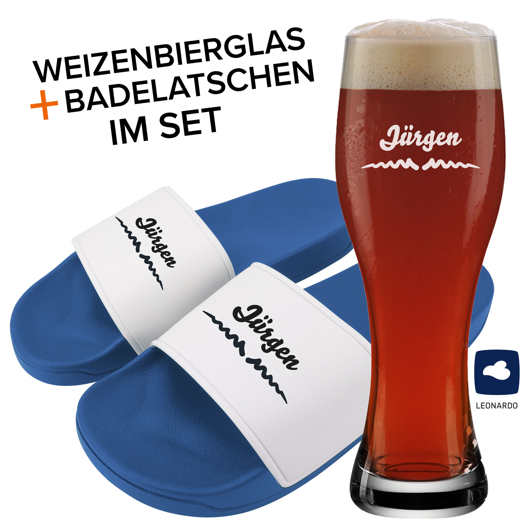 Produktbild von Badelatschen und Weizenglas mit Name oder Wunschtext