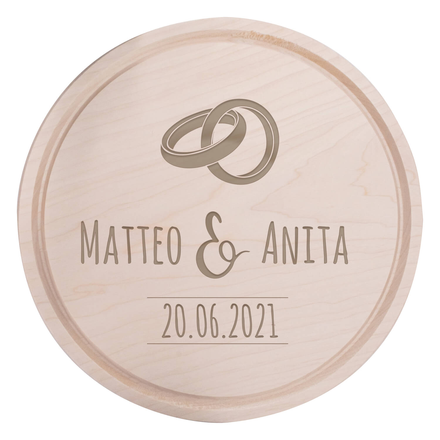 Produktbild von Frühstücksbrettchen Holz Rund mit Motiv Eheringe