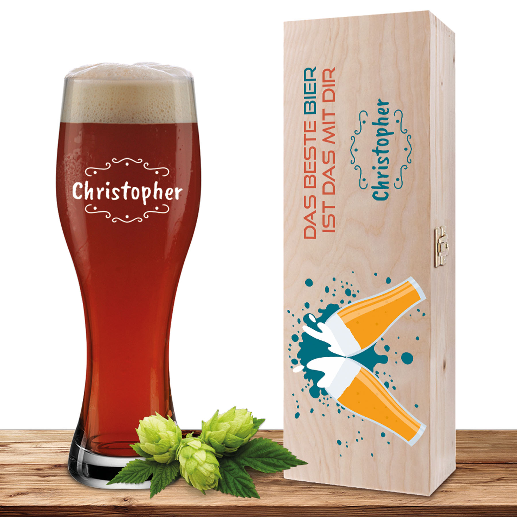 Produktbild von Personalisiertes Weizenglas-Holzkiste-Set mit Gravur und Bedruckung "Beste Bier mit Dir"