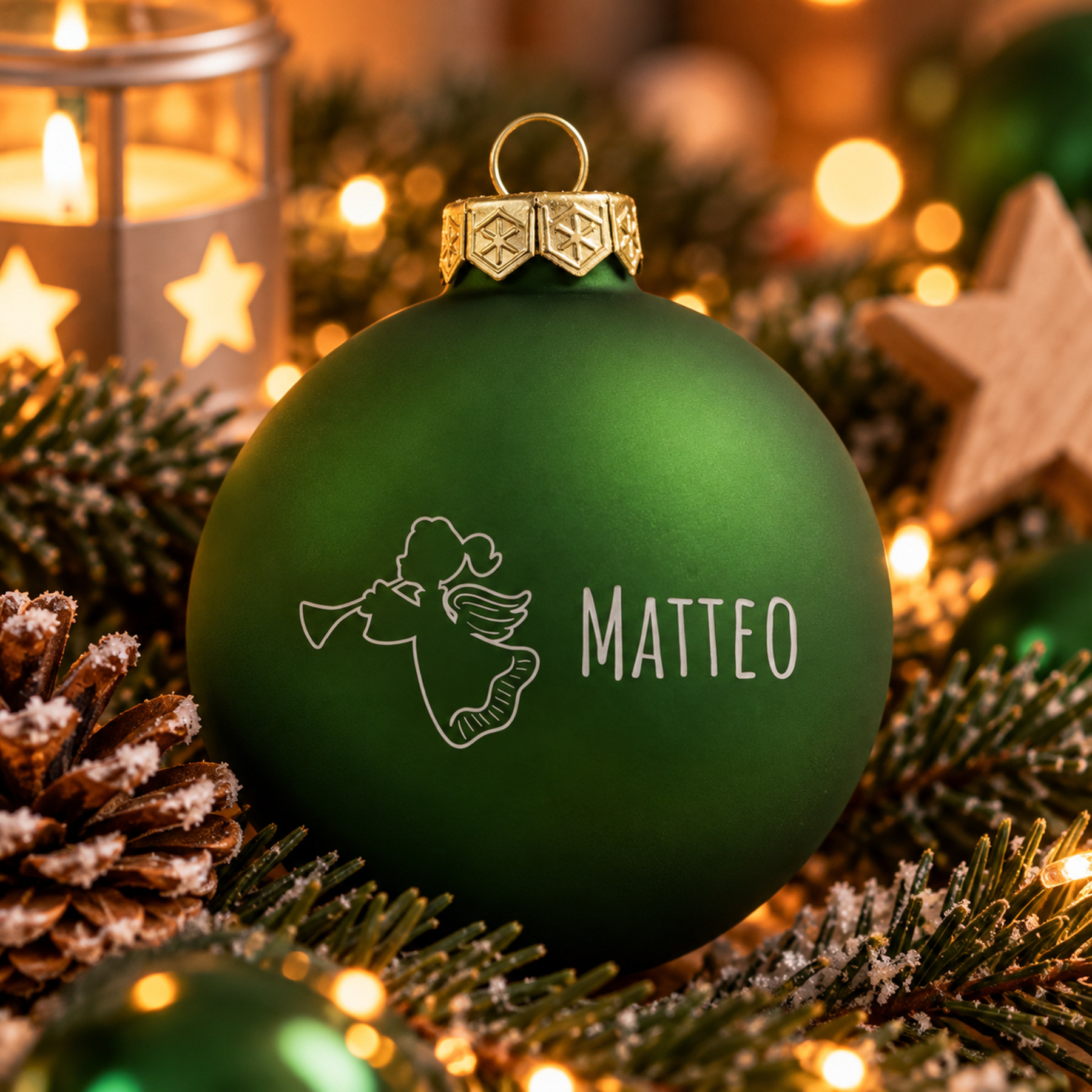 Produktbild von Weihnachtsbaumkugel aus Glas (matt) inklusive Wunschtextgravur & Engel