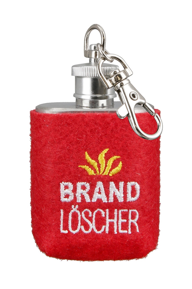 Produktbild von Schlüsselanhänger Mini-Flachmann „Brandlöscher“ – Edelstahl mit Filzhülle