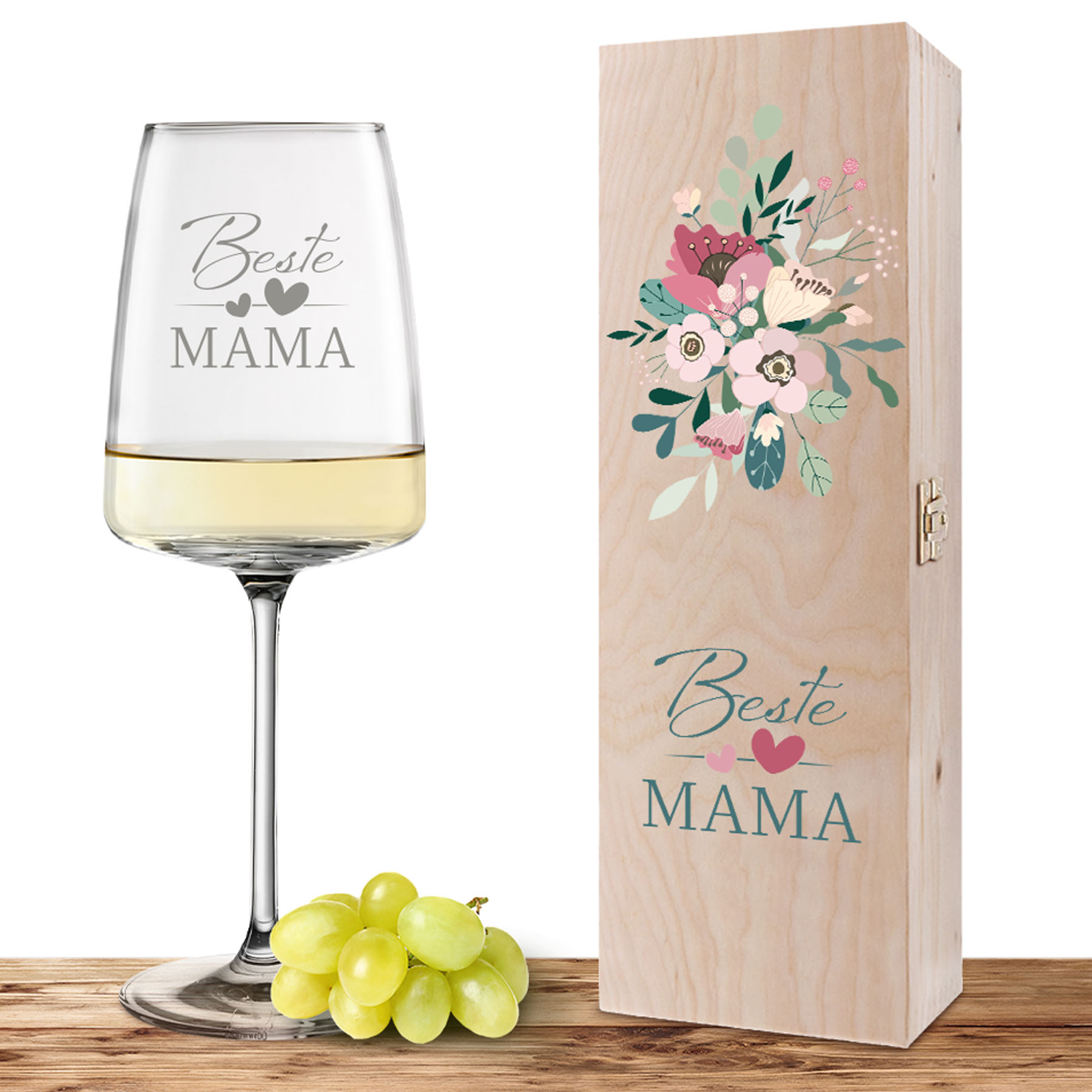 Produktbild von Weinglas-Holzkisten-Set VIVID SENSES 535ml mit Gravur und Bedruckung "Beste Mama"