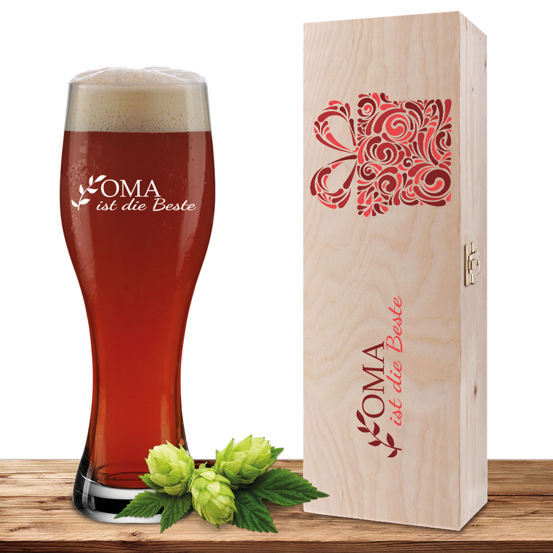 Produktbild von Weizenglas-Holzkiste-Set mit Gravur und Bedruckung "Beste Oma"
