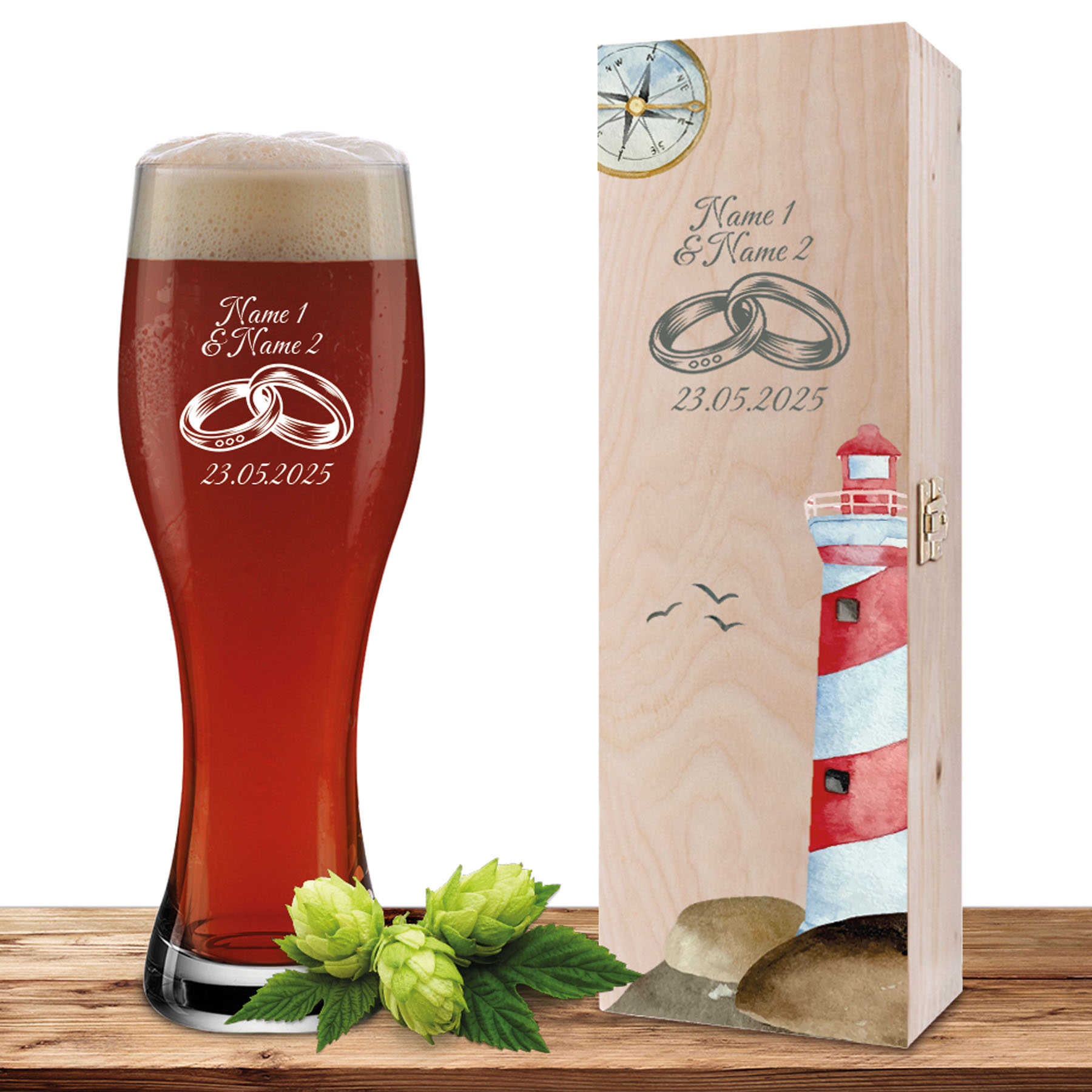 Produktbild von Personalisiertes Weizenglas-Holzkiste-Set mit Gravur und Bedruckung Leuchtturm "Ringe"
