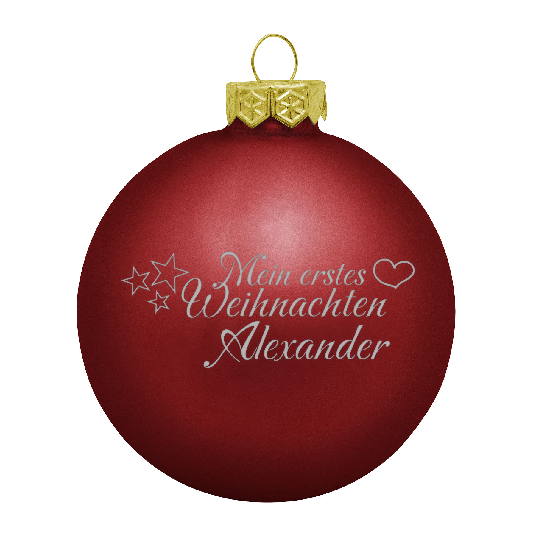 Produktbild von Weihnachtsbaumkugel aus Glas (matt) inklusive Wunschtextgravur & Mein erstes Weihnachten mit Herz