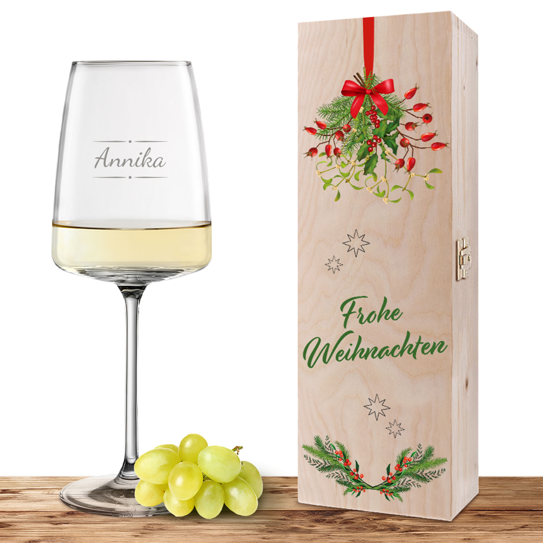 Produktbild von Personalisiertes Weinglas-Holzkiste-Set mit Gravur und Bedruckung "Frohe Weihnachten"