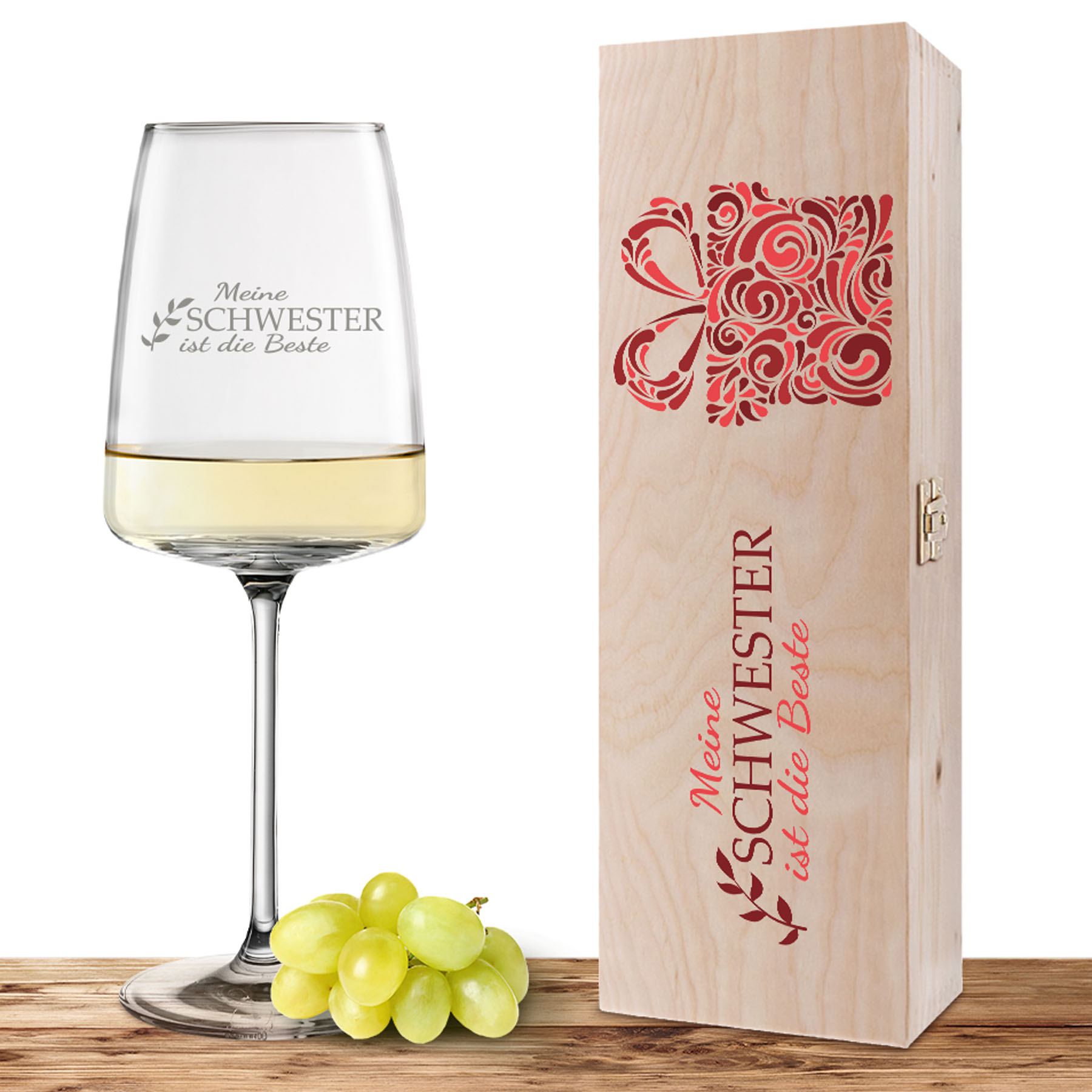 Produktbild von Weinglas-Holzkisten-Set VIVID SENSES 535ml mit Gravur und Bedruckung "Bester Schwester"