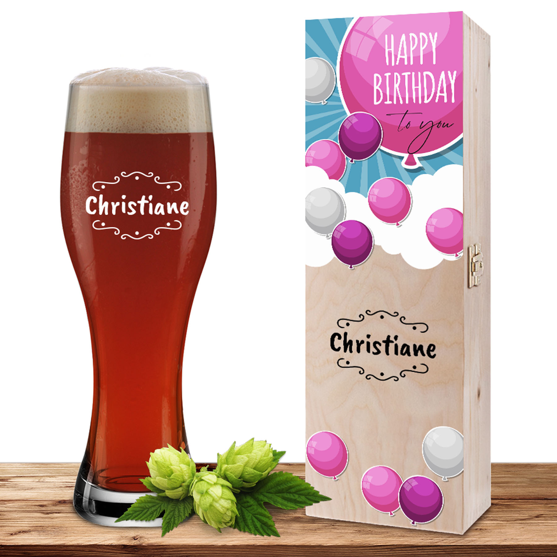Produktbild von Personalisiertes Weizenglas-Holzkiste-Set mit Gravur und Bedruckung "Ballons Verzierung 02"