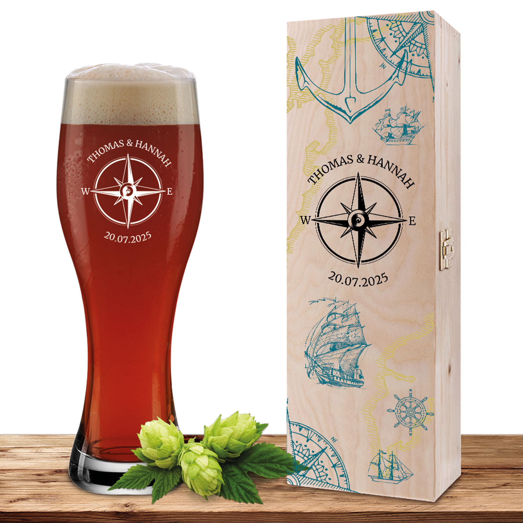 Produktbild von Personalisiertes Weizenglas-Holzkiste-Set mit Gravur und Bedruckung Karte "Kompass"