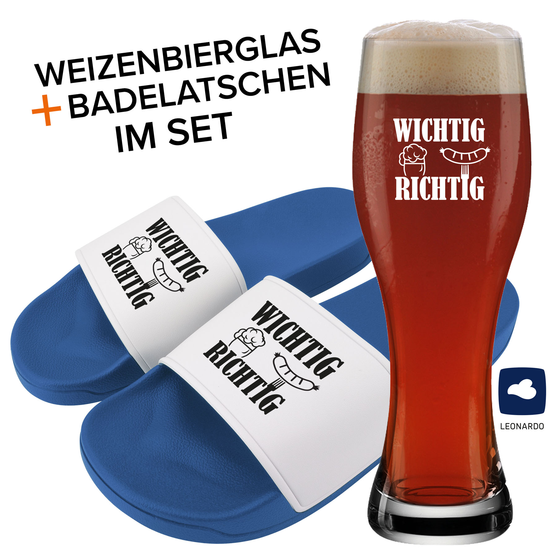 Produktbild von Badelatschen und Weizenglas "Wichtig Richtig"