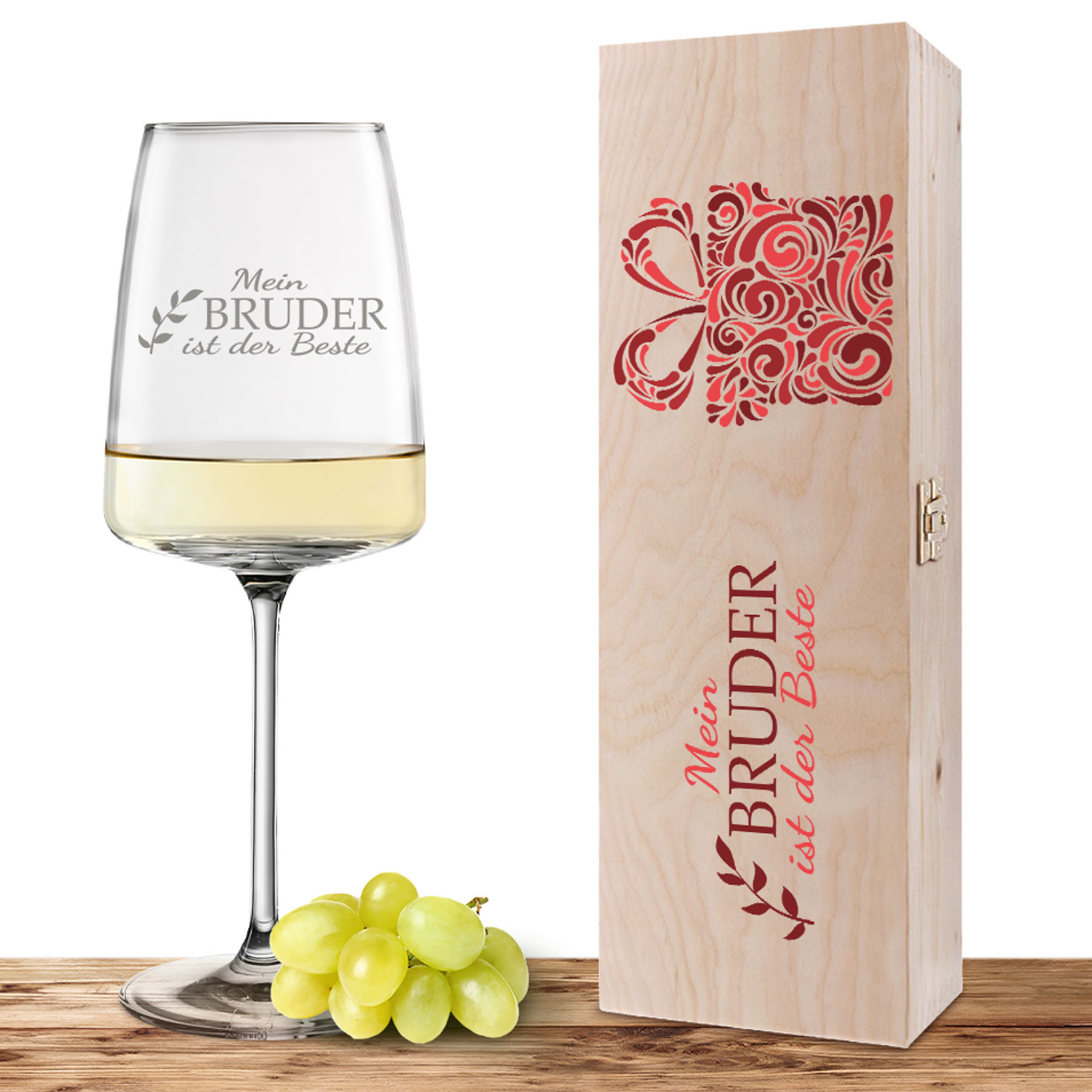 Produktbild von Weinglas-Holzkisten-Set VIVID SENSES 535ml mit Gravur und Bedruckung "Bester Bruder"