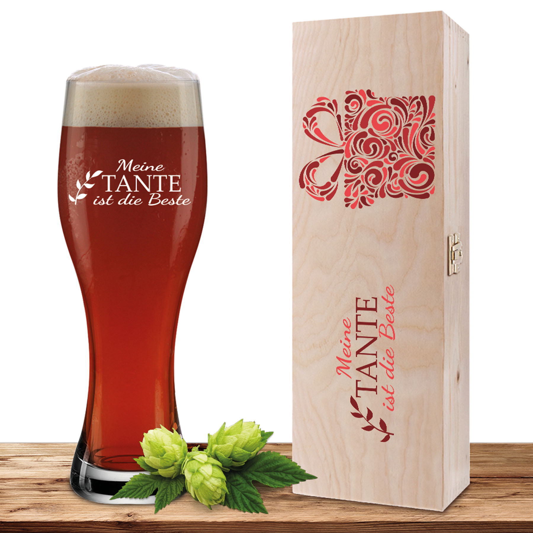 Produktbild von Weizenglas-Holzkiste-Set mit Gravur und Bedruckung "Beste Tante"