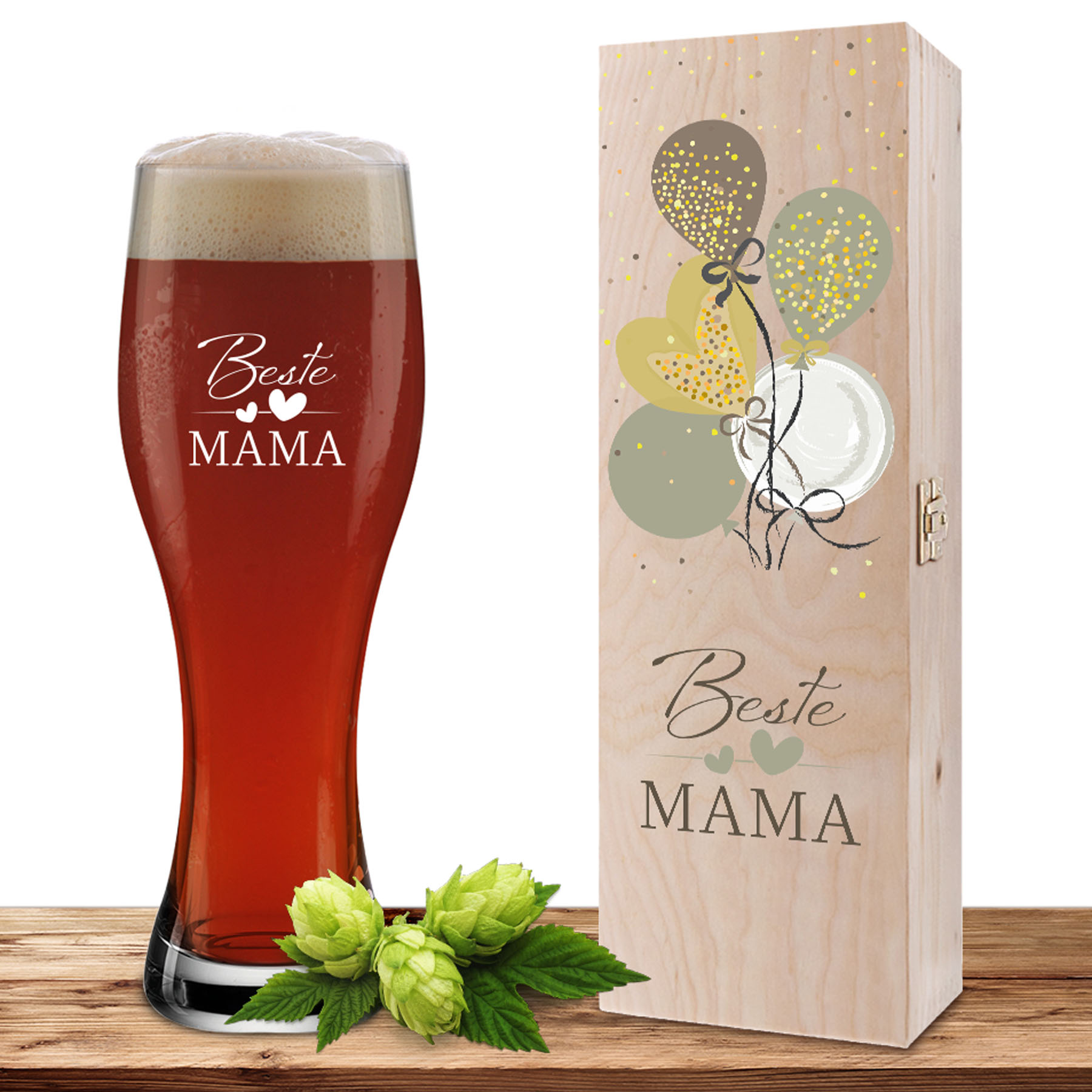Produktbild von Weizenglas-Holzkiste-Set mit Gravur und Bedruckung Ballons "Beste Mama"