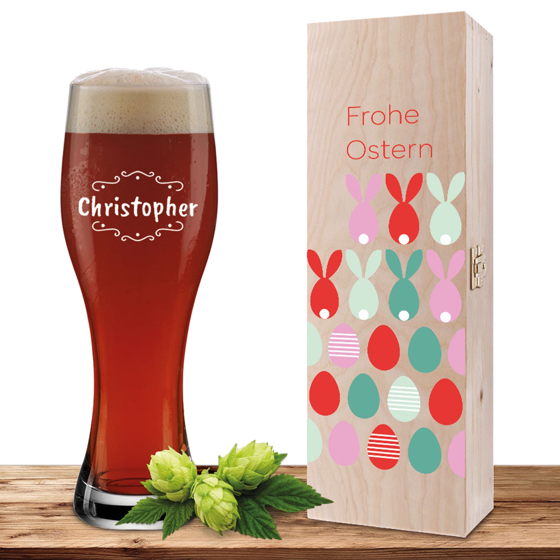 Produktbild von Personalisiertes Weizenglas-Holzkiste-Set mit Gravur und Bedruckung "Ostereier Verzierung 02"