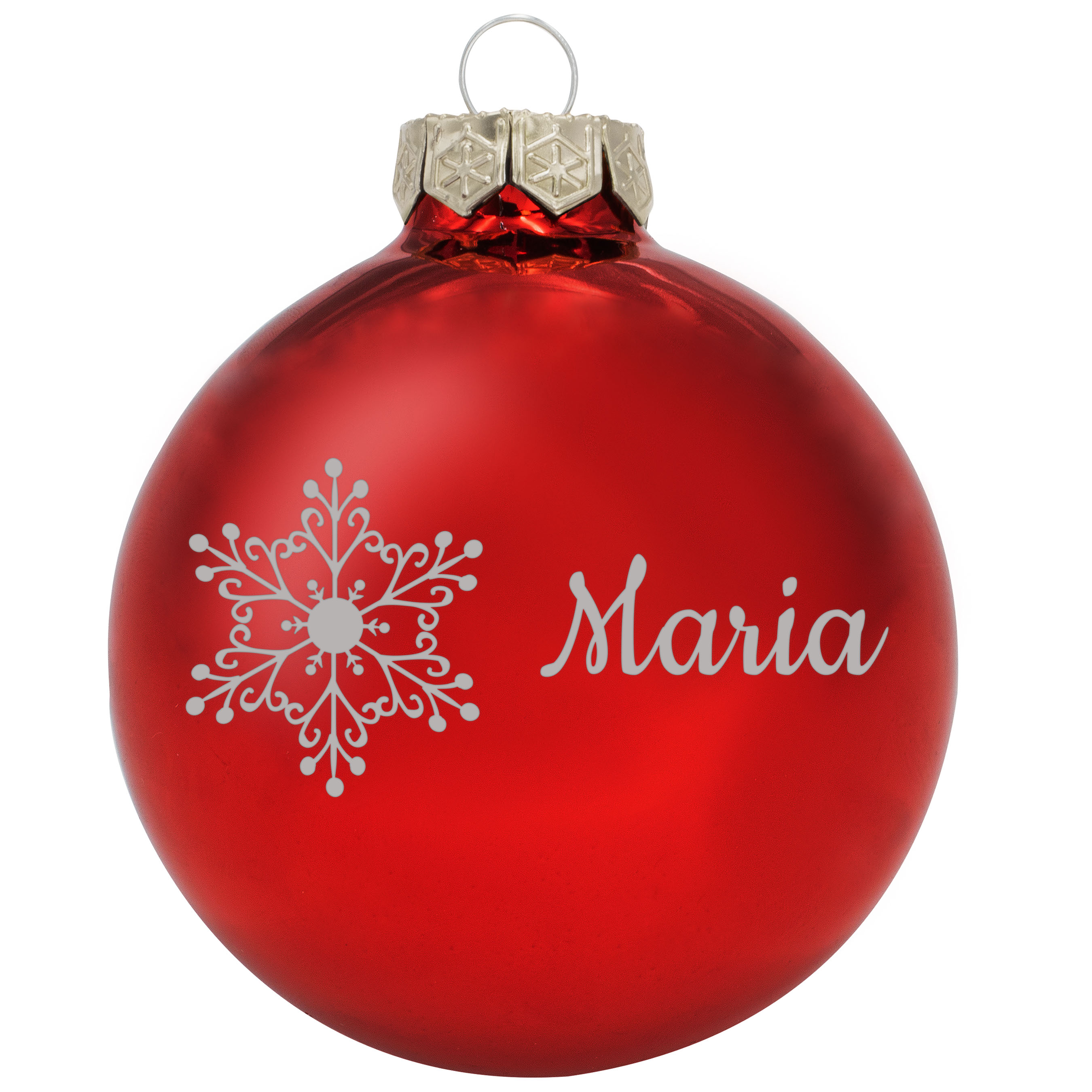 Produktbild von Weihnachtsbaumkugel aus Glas in 10cm, inklusive Wunschtextgravur & Schneeflocke