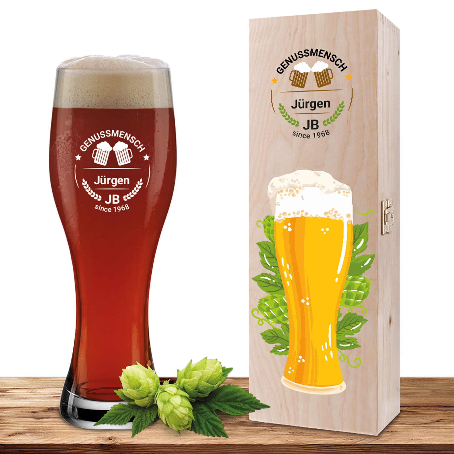 Produktbild von Personalisiertes Weizenglas-Holzkiste-Set mit Gravur und Bedruckung "Genussmensch"