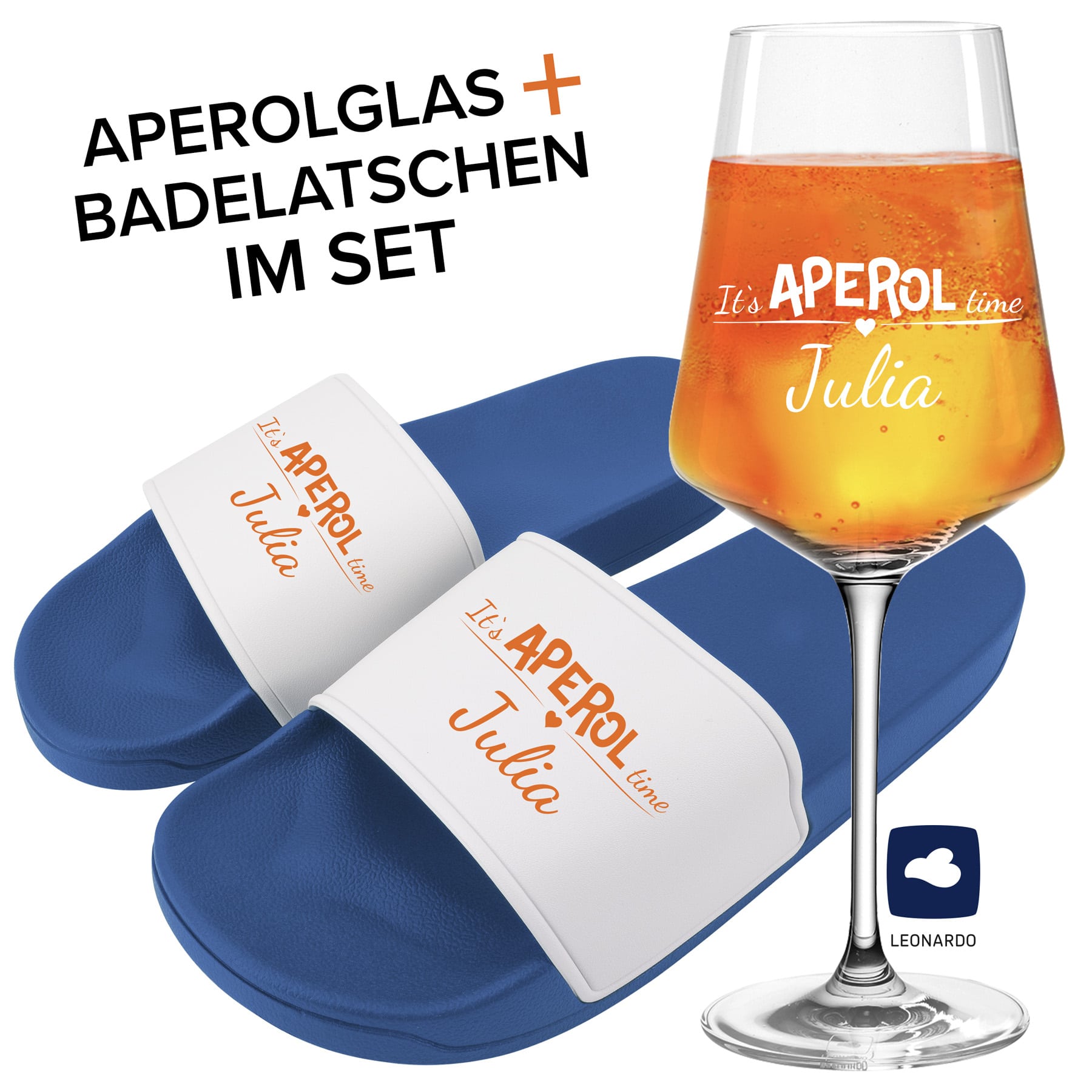 Produktbild von Badelatschen und Leonardo Aperolglas PUCCINI 560ml "It's Aperol time" mit Namen oder Wunschtext