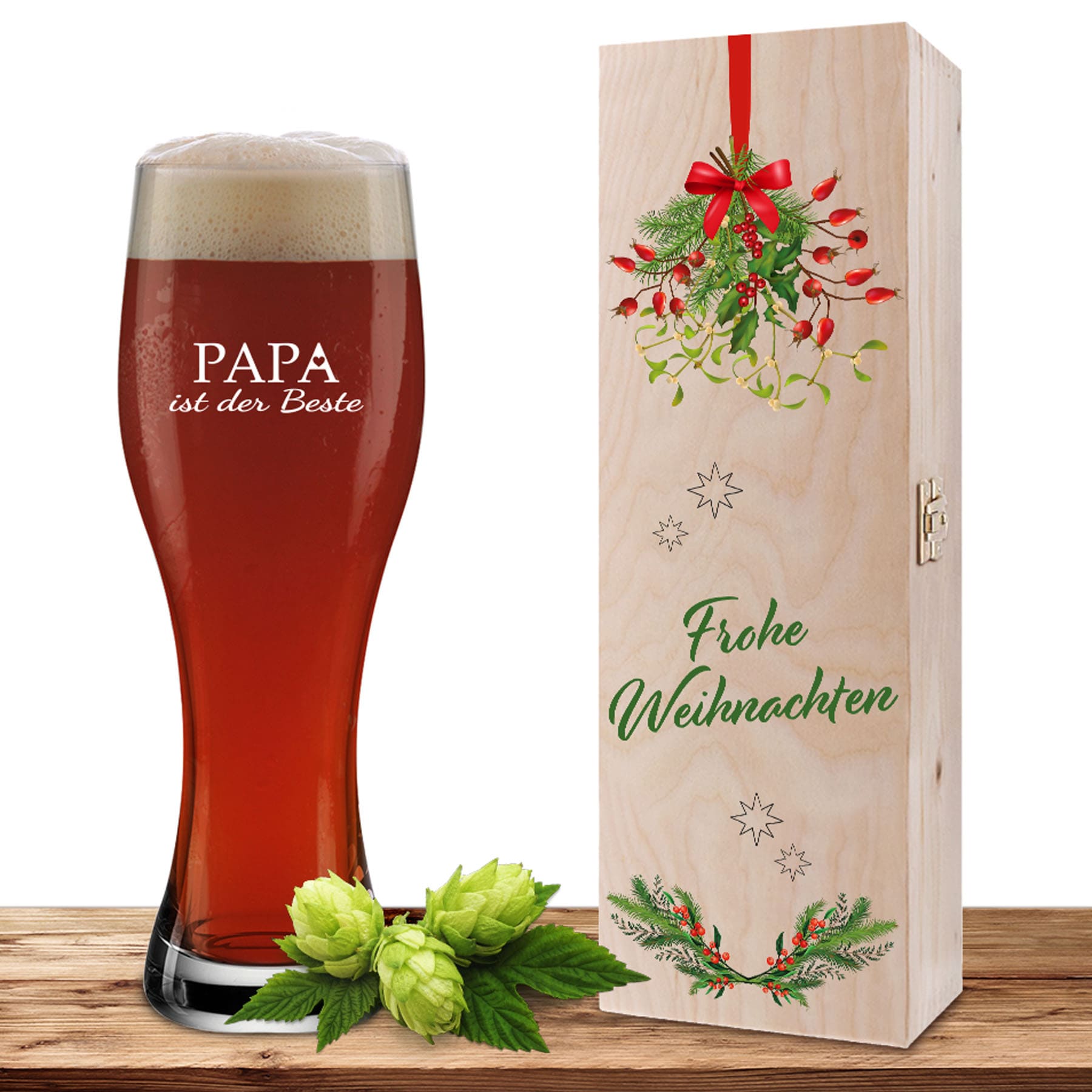 Produktbild von Weizenglas-Holzkiste-Set mit Gravur und Bedruckung "Frohe Weihnachten Papa"