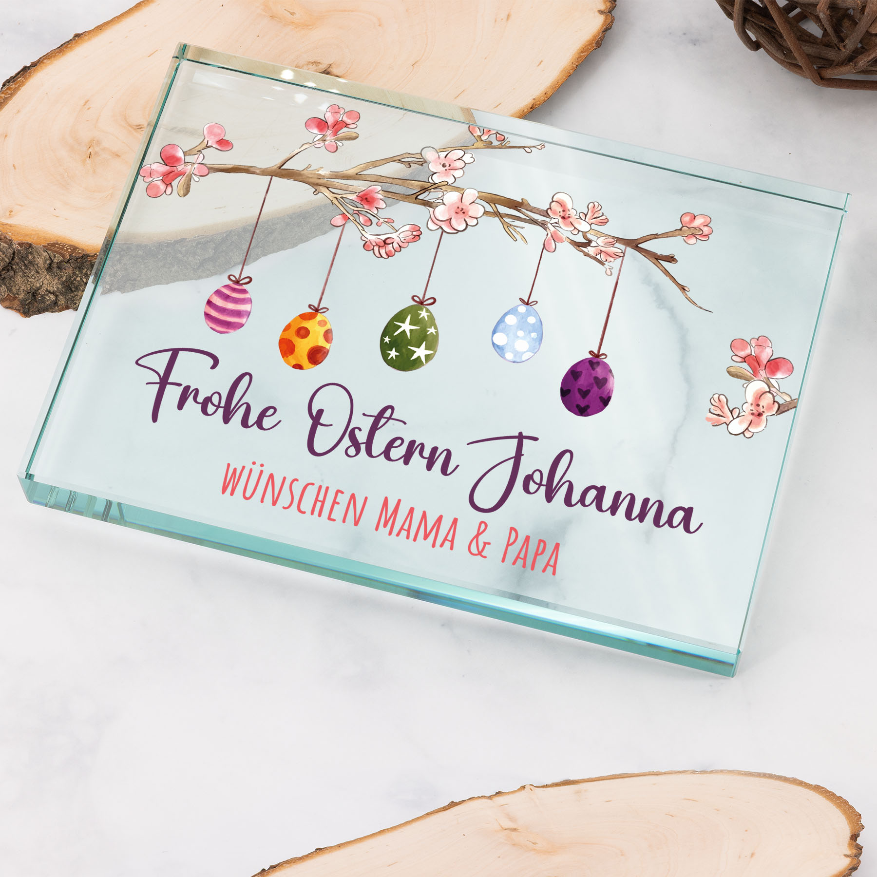 Produktbild von Glastrophäe „Ostergrüße vom blühenden Zweig“