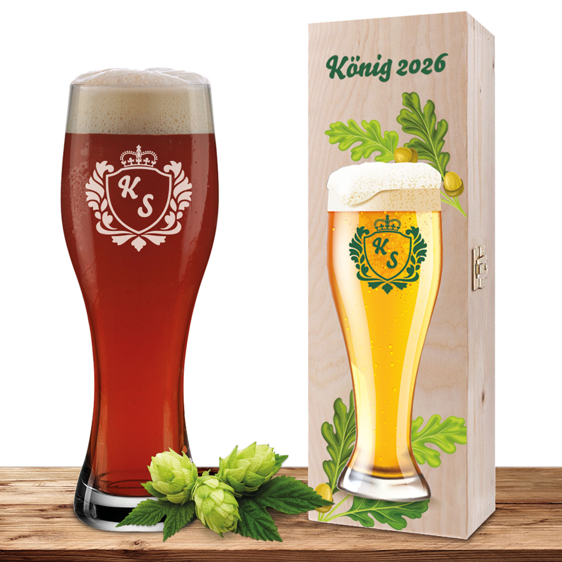 Produktbild von Personalisiertes Weizenglas-Holzkiste-Set mit Gravur und Bedruckung Schützenfest Wappen