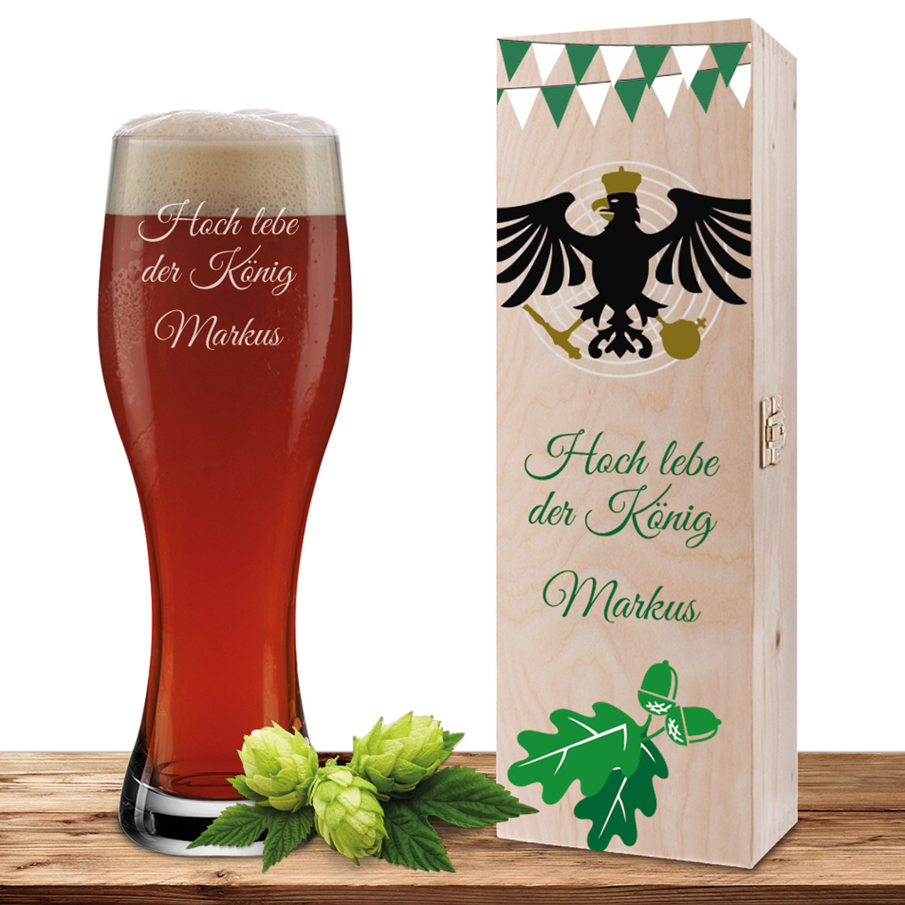 Produktbild von Personalisiertes Weizenglas-Holzkiste-Set mit Gravur und Bedruckung Schützenfest Adler