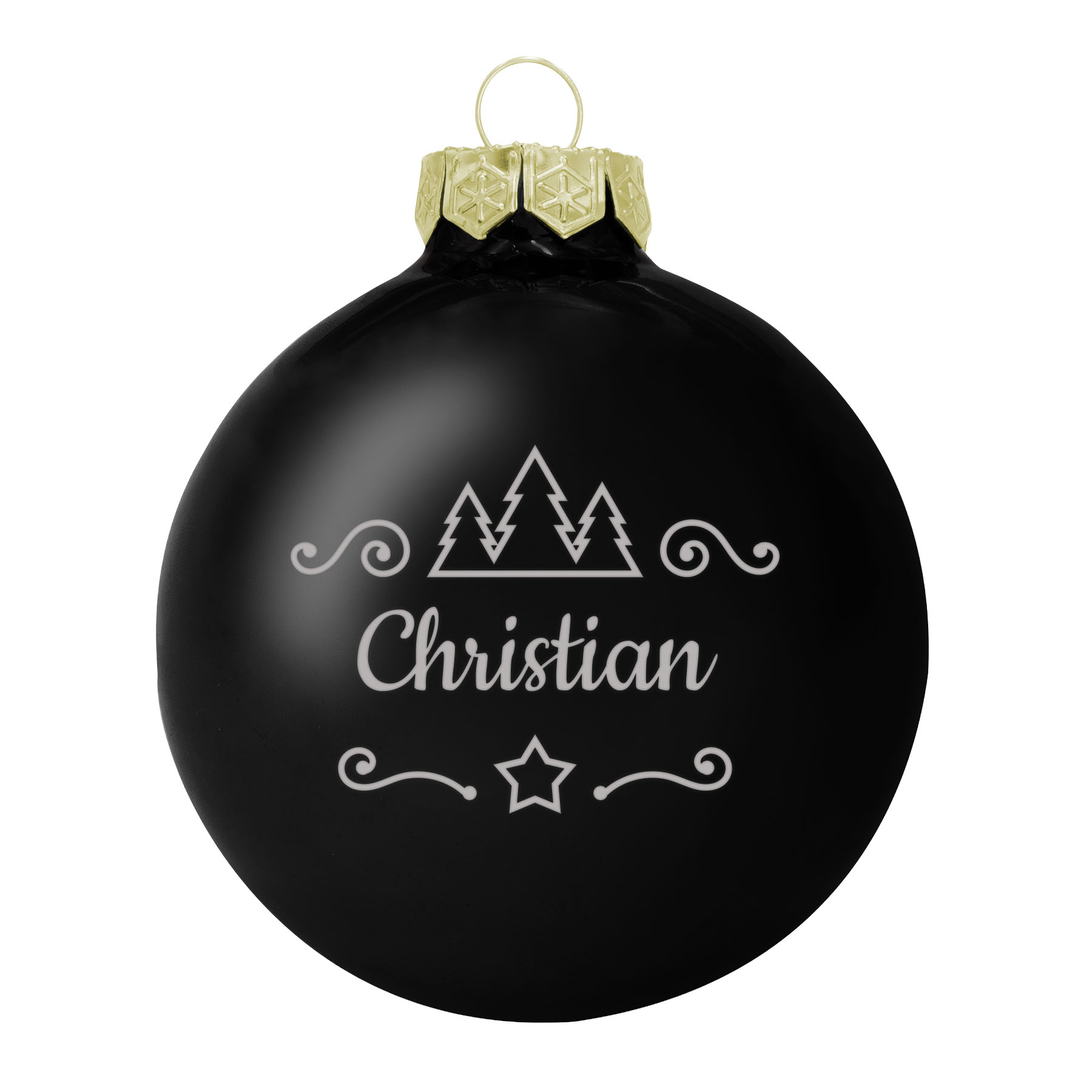Produktbild von Weihnachtsbaumkugel aus Glas (glänzend) inklusive Wunschtextgravur & Tanne und Stern