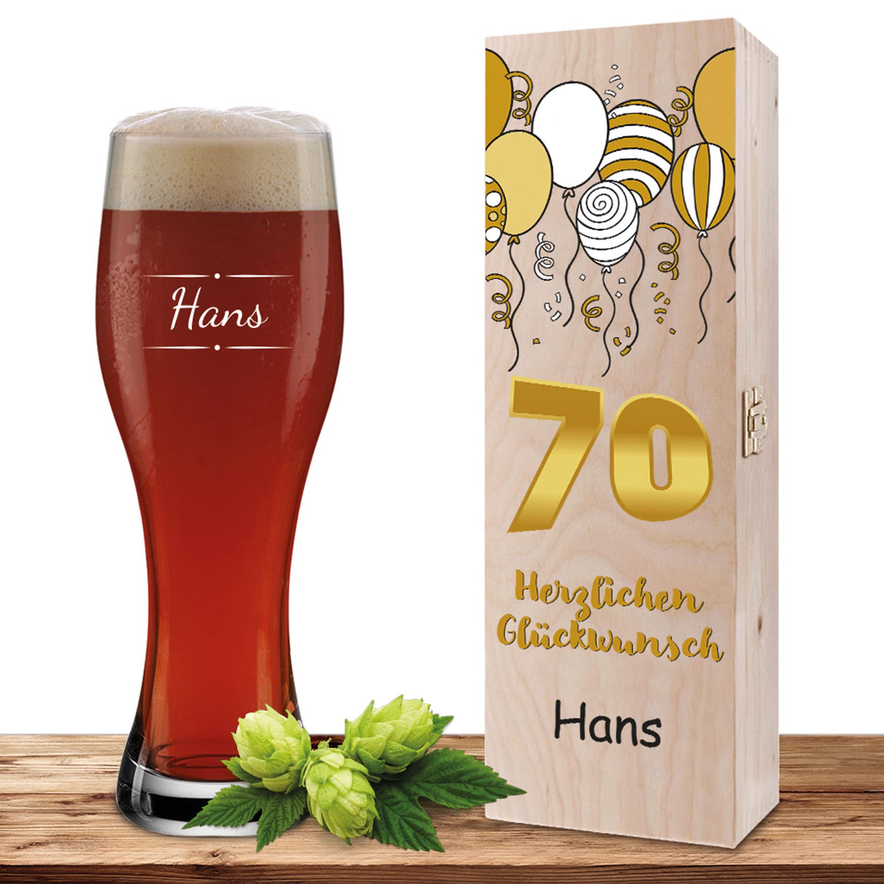 Produktbild von Personalisiertes Weizenglas-Holzkiste-Set mit Gravur und Bedruckung "70"