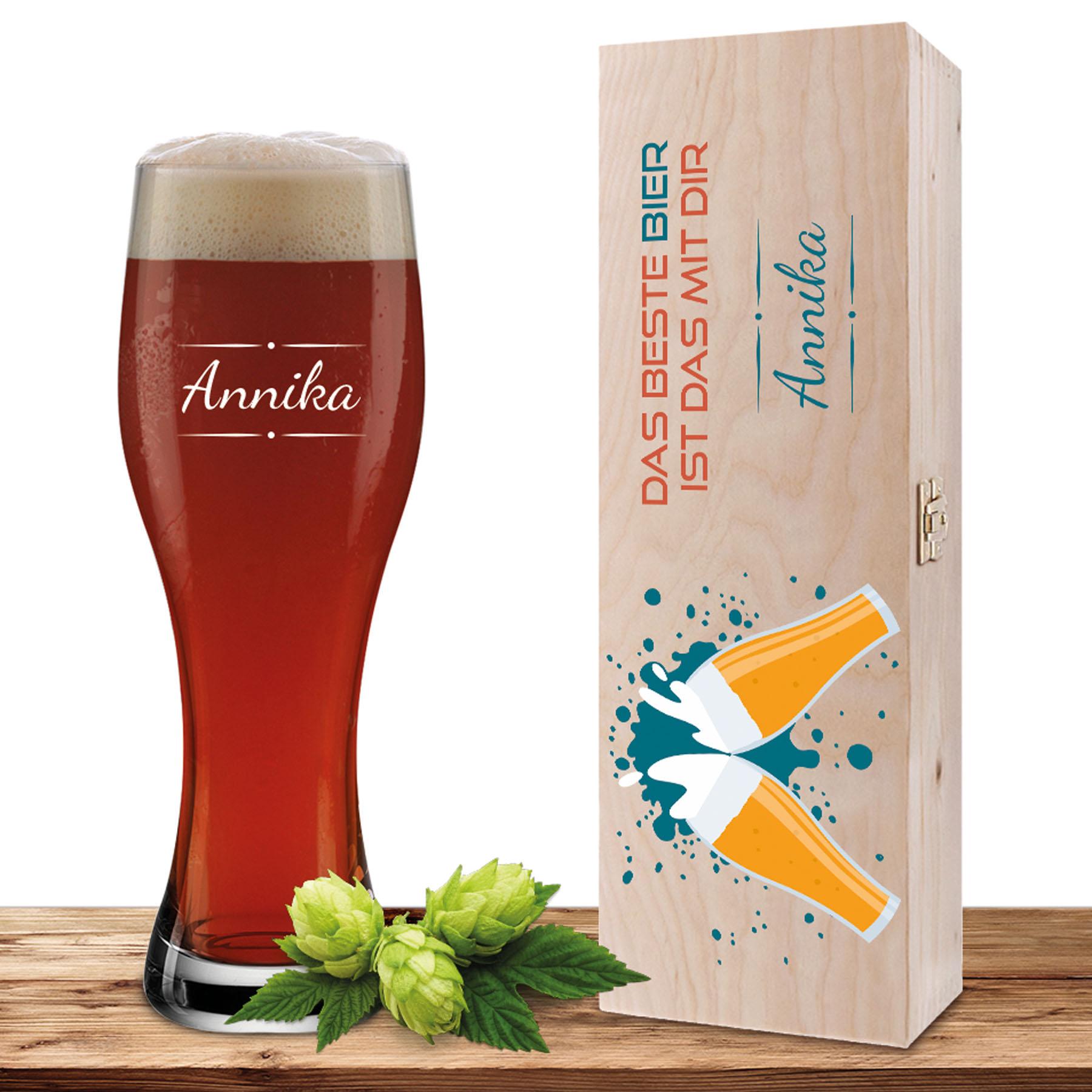 Produktbild von Personalisiertes Weizenglas-Holzkiste-Set mit Gravur und Bedruckung "Beste Bier mit Dir"