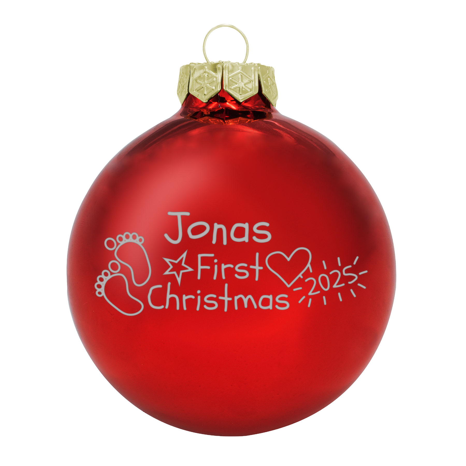 Produktbild von Weihnachtsbaumkugel aus Glas (glänzend) inklusive Wunschtextgravur & Baby`s First Christmas