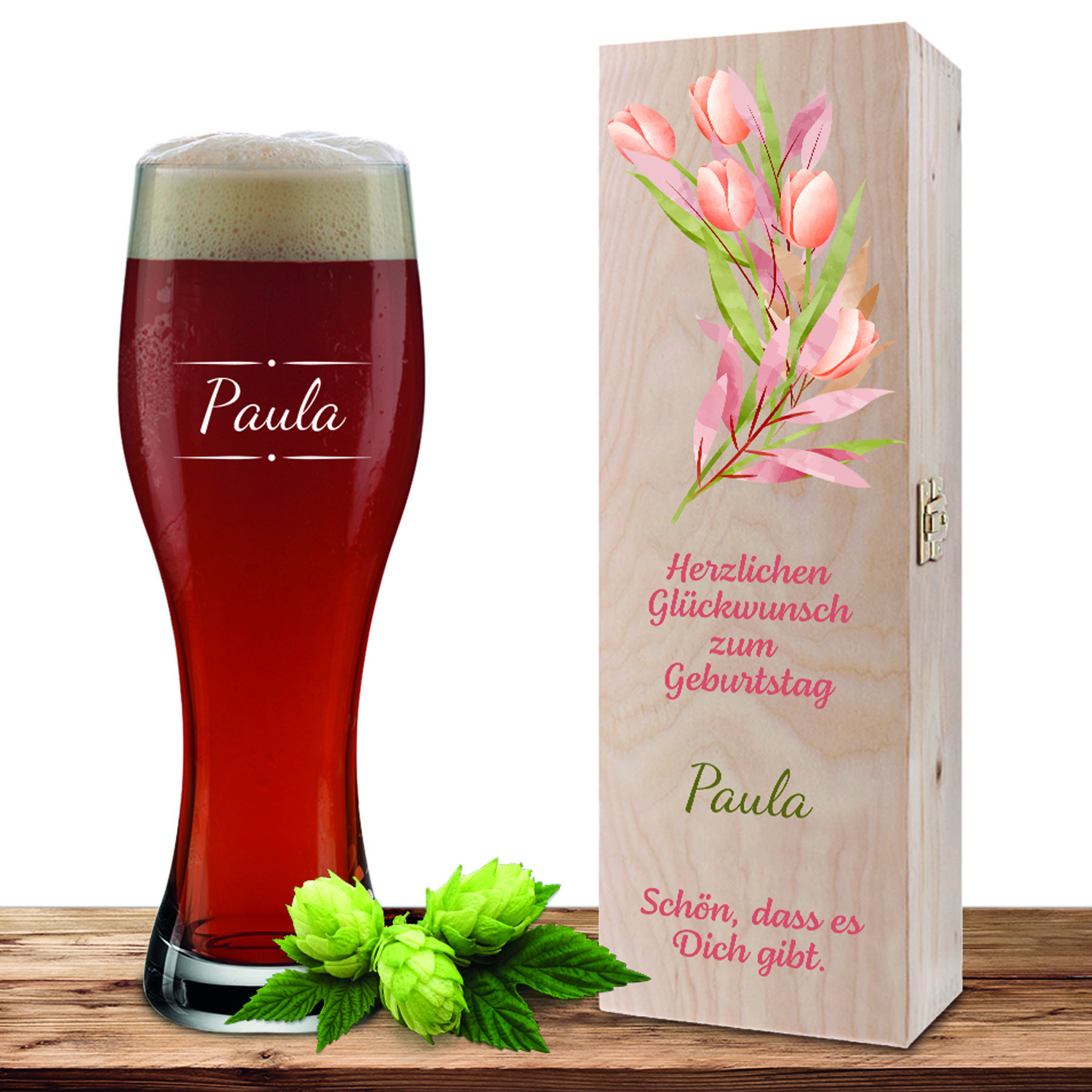 Produktbild von Personalisiertes Weizenglas-Holzkiste-Set mit Gravur und Bedruckung "Dass es Dich gibt"
