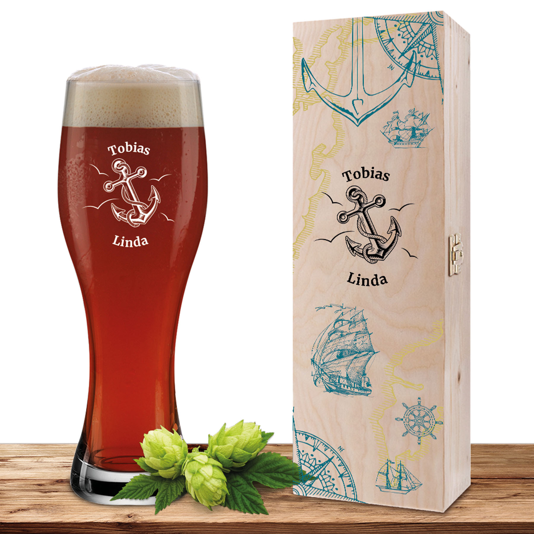Produktbild von Personalisiertes Weizenglas-Holzkiste-Set mit Gravur und Bedruckung Karte "Anker"